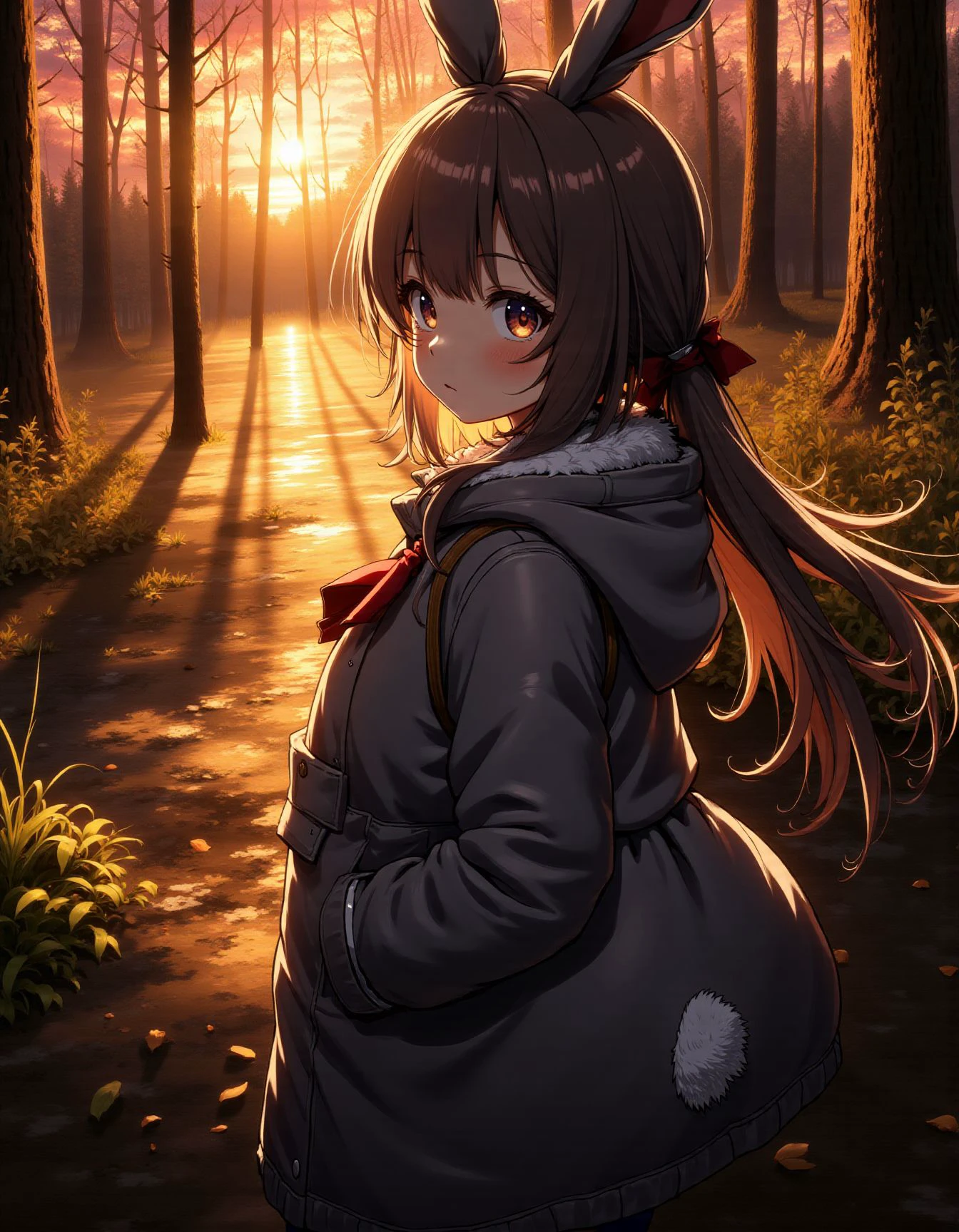 rabbit girl,
hooded coat, 
forest,sunset