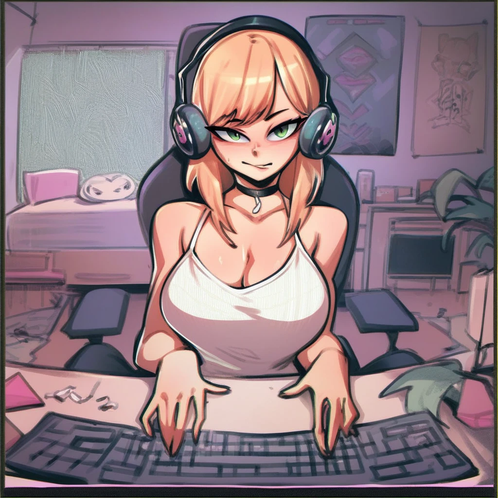 score_9, score_8_up, score_7_up, score_6_up, score_5_up, colourful, 8k, detailed face, detailed eyes, W3BC4MP0V, KEYBOARD (COMPUTER), MOUSE (COMPUTER), CHAIR, 1GIRL, LIVESTREAM, FR0NT, DESK, room, indoors, choker, camisole, headphones, dark, posters, anime style, looking at viewer,