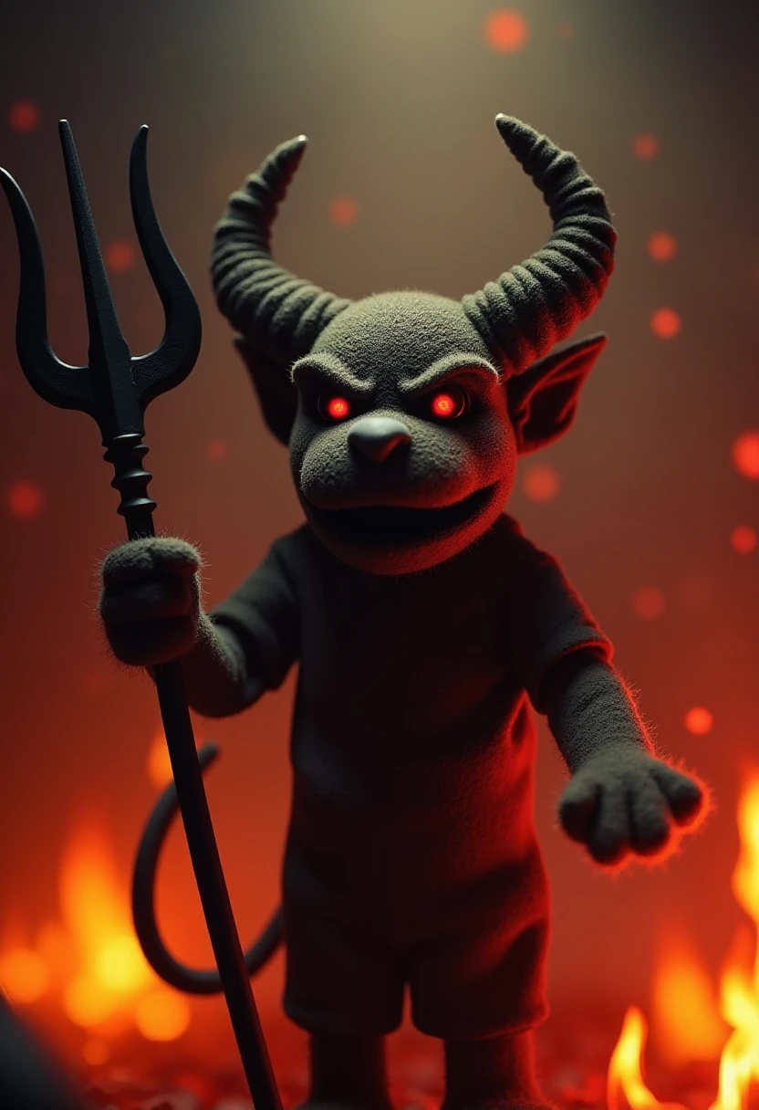 Demon puppet holding a trident and surrounded by flames  in hell in donthugmestyle.  