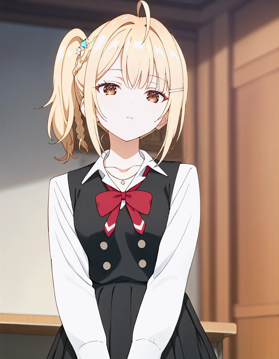 score_9, score_8_up, score_7_up, source_anime, BREAK
1girl, solo, looking at viewer, blurry background, indoors, cowboy shot, from below,
nonoa miyamae, blonde hair, medium hair, side ponytail, sidelocks, hair ornament, hairclip, ahoge, brown eyes,
school uniform, collarbone, necklace, white shirt, long sleeves, red bow, black vest, buttons, pleated skirt,
 <lora:nonoa_miyamae_anime-soralz:1>