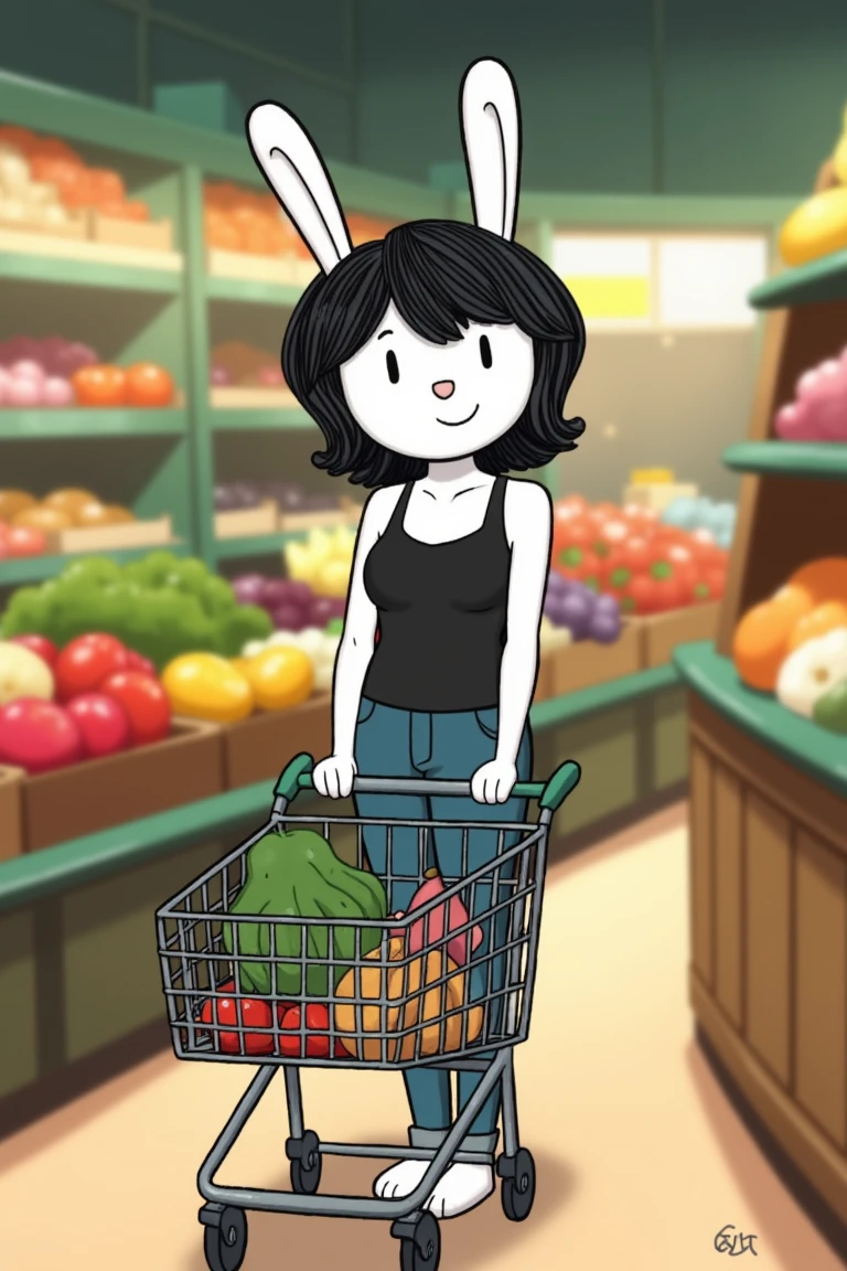 a cartoon rabbit woman with black hair, white skin, pushing a grocery cart through a supermarket, wearing blue jeans and a black camisole, produce, bokeh