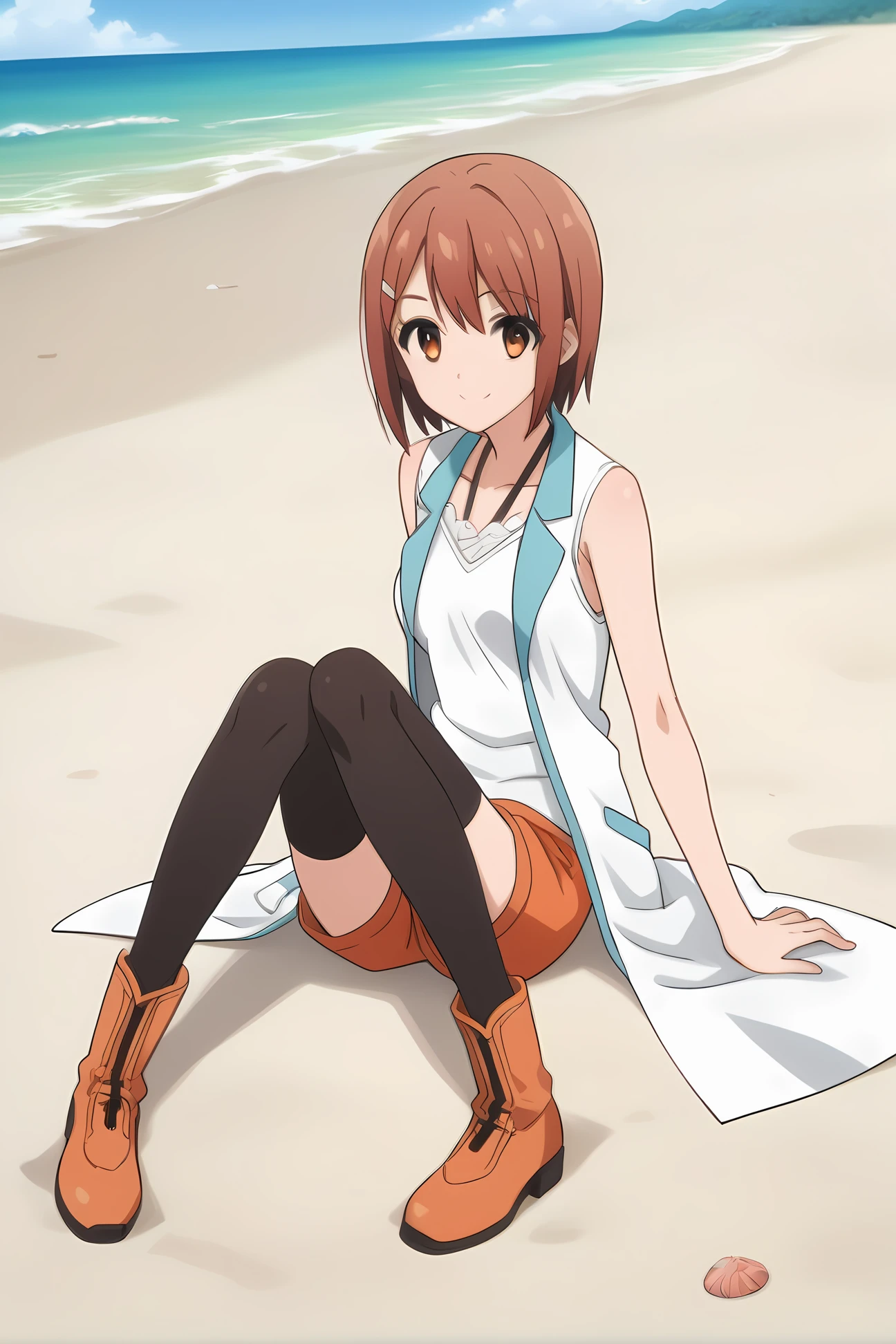 white vest white shirt orange shorts black thighhighs orange knee boots, mt-you, medium breasts, 1girl, solo, skinny, masterpiece, high quality, (full body|sitting|standing|lying), beach, happy, score_9, score_8_up, score_7_up, source_anime, anime, anime style <lora:mt-you-V01-000003:0.60>