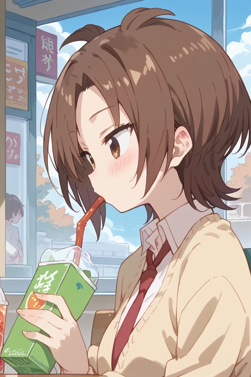 score_9, score_8_up, score_7_up, score_6_up,
 <lora:Yuzu_Iizuka:1> yuzu, juice box, brown hair, brown eyes, school uniform, drinking, necktie, blush, drinking straw, solo focus, red necktie, shirt, 1girl, short hair