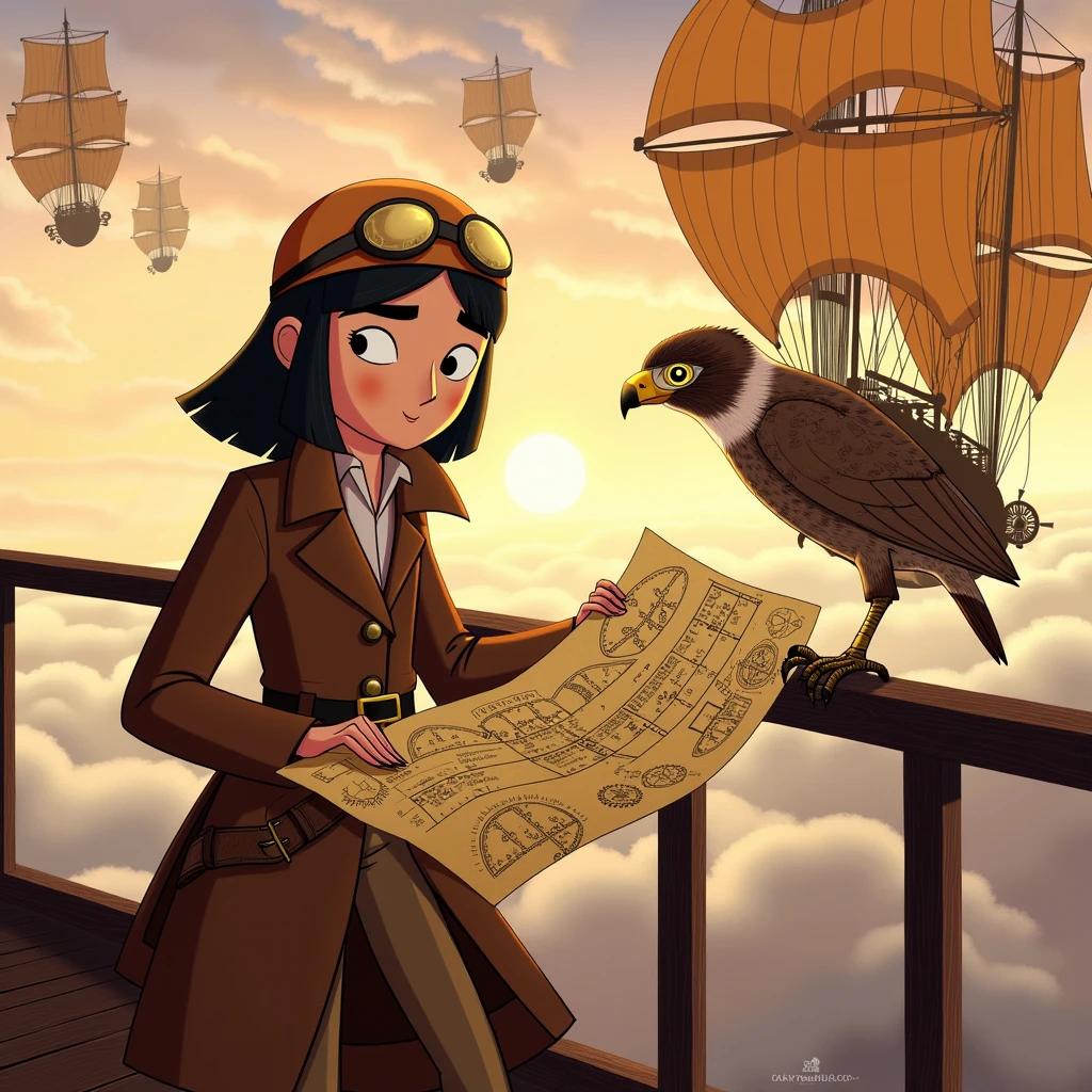 In style of Cartoon Saloon. A daring young aviator girl, dressed in a vintage leather flight jacket and goggles, stands on the deck of an airship floating high above the clouds. Beside her, perched on a railing, is a mechanical falcon with brass feathers and glowing eyes. The aviator holds a detailed map filled with strange symbols and charts, plotting a course through the sky. The airship itself is a marvel of steampunk engineering, with large, billowing sails, exposed gears, and propellers. The sky around them is tinged with the orange hues of a setting sun, with other airships visible in the distance.