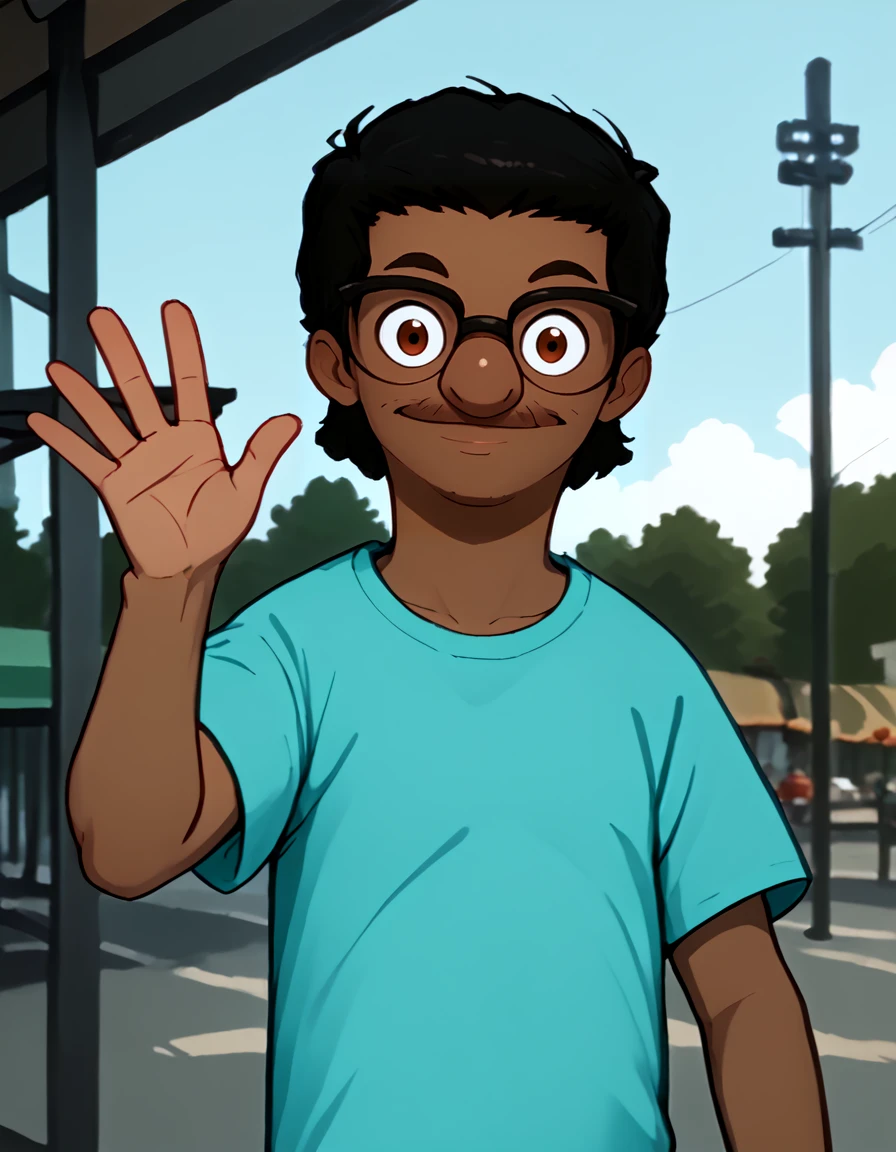 <lora:Future_Darryl:1> 1boy, dark-skinned male, black hair, glasses, browline glasses, facial hair, mustache, teal shirt, green shorts, upper body, smile, waving at viewer, source_cartoon, score_9, score_8_up, score_7_up,