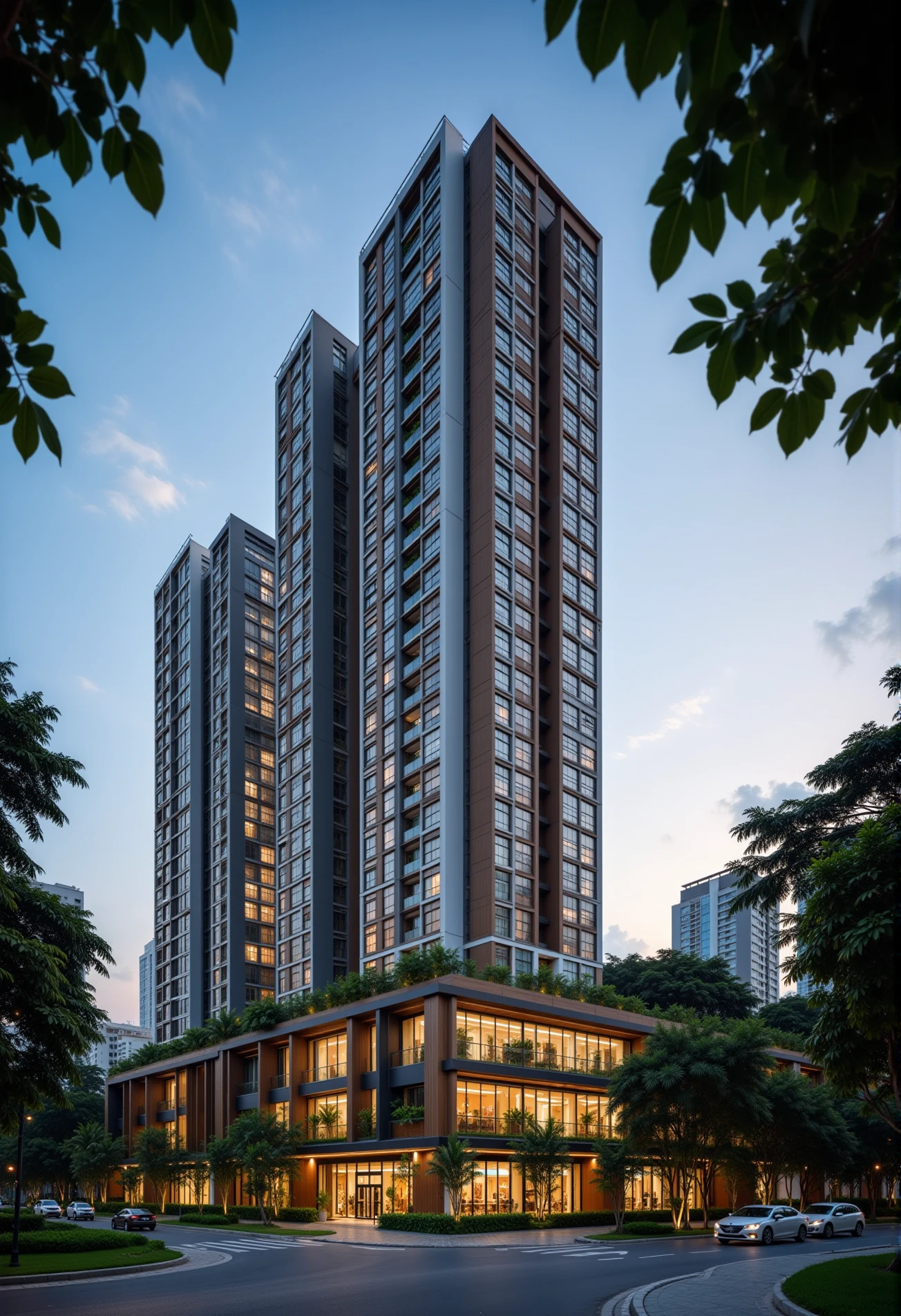 vrender,
photographic of 24-storey modern highrise apartment on city street, glass balcony, skycraper, building complex, 
scenery, motor vehicle, city, car, road, cityscape,
street view,
dusk, view from a leaf of tree, DOF, blur foreground,  