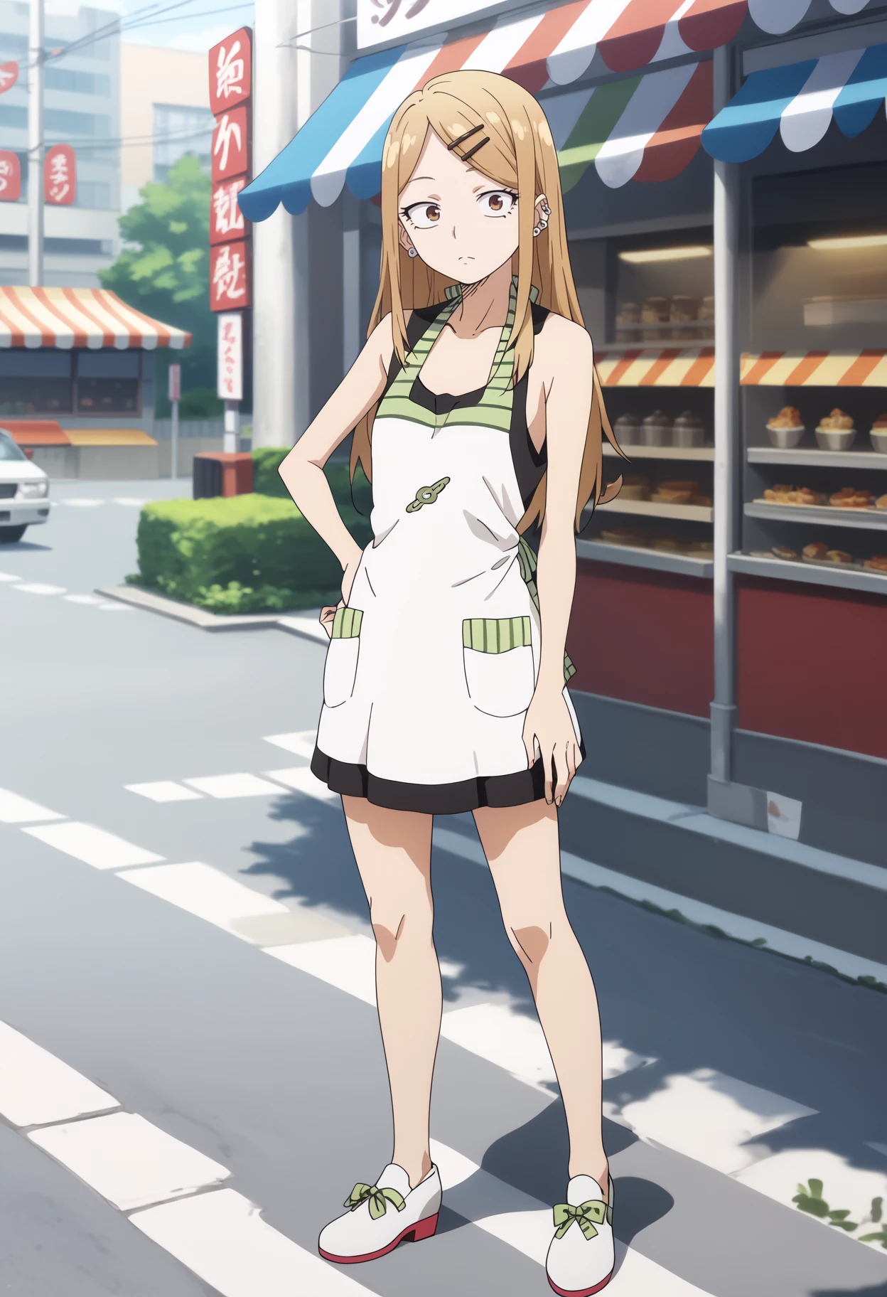 score_9, score_8_up, score_7_up, anime screencap BREAK,
1girl, sayaendo, brown eyes, blonde hair, long hair, hairclip, ear piercing, apron, 
looking at viewer, solo, hand on hips, full body, outdoors, tokyo street background  <lora:SayaEndoXL:1>