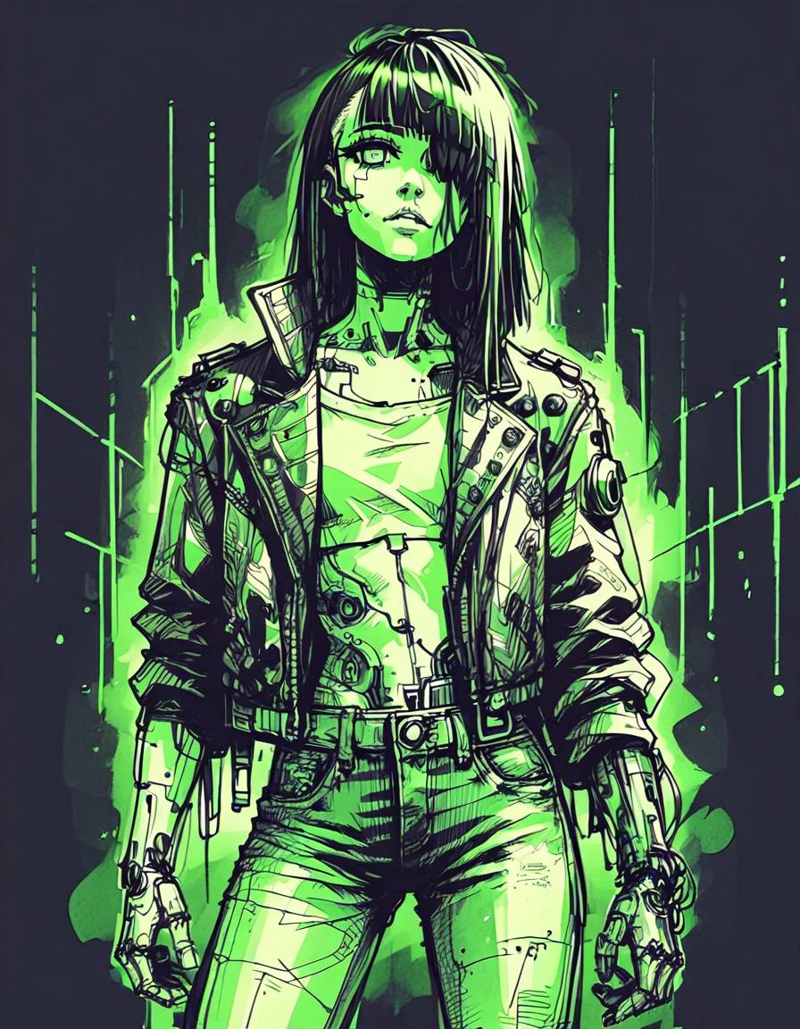 score_9, score_8_up, score_7_up, <lora:Messy Sketch Style:1>, hyuuga hinata, in streets, cyberpunk, 1girl, half shaved head, hair over one eye, medium hair, joints, cybernetic arms, leather jacket, jeans, piercings, looking at viewer, limited palette, green theme, black background, monochrome,