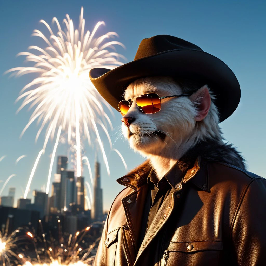 (8k, RAW photo, highest quality, best quality, masterpiece, ultra-detailed, hires, absurdres, sharp focus:1.2), (photorealistic, hyper-realistic:1.37) catman wearing aviator sunglasses ((with explosions in the background)), cowboy hat, ((furry)), evil,