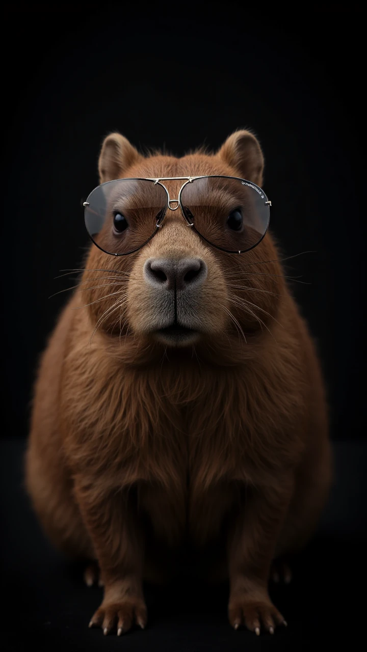 portrait Photo of a capybara,close up, head, wearing a Carrera 5623 PD,sunglass,letter on the glass reads CARRERA, in a dark photostudio