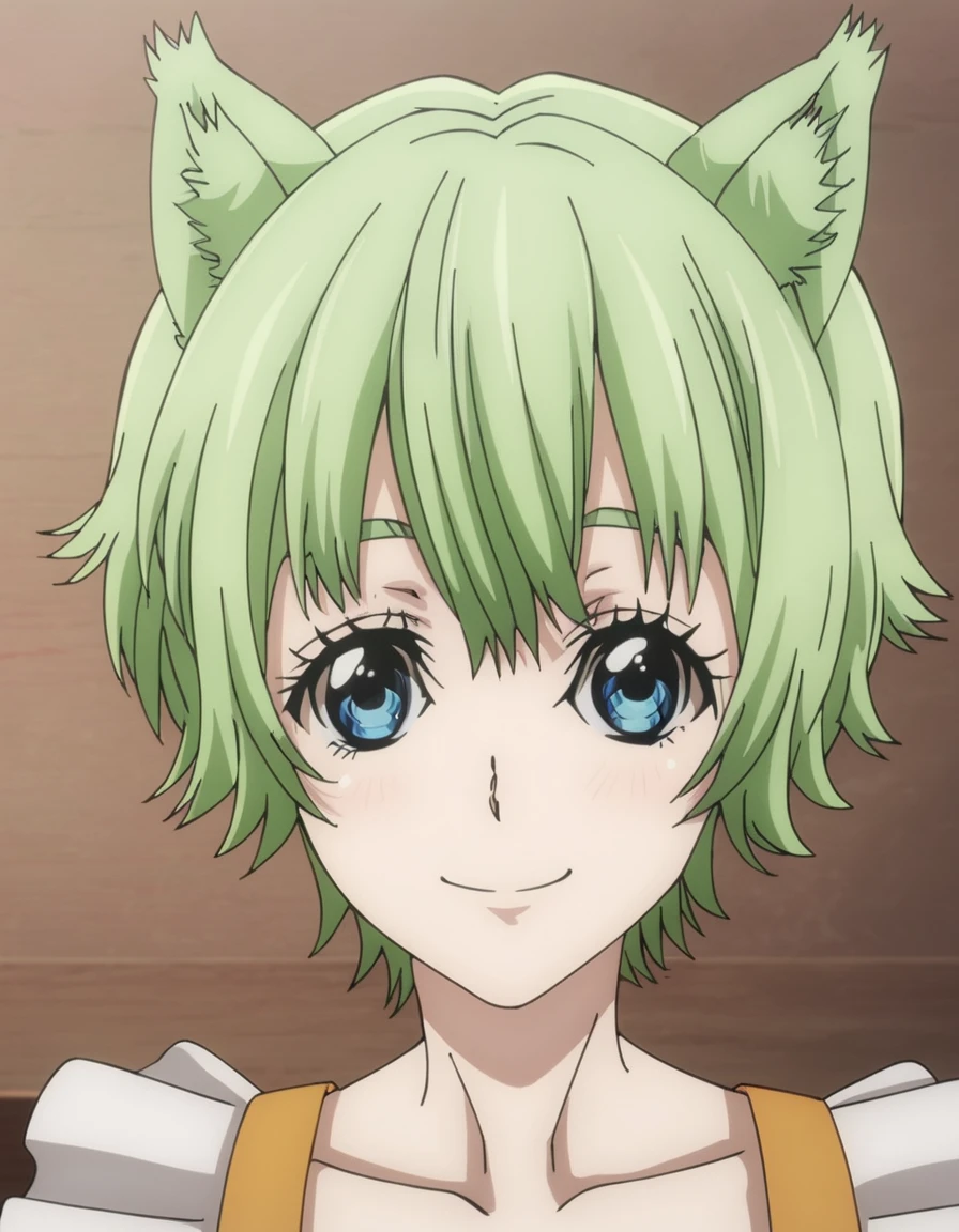 <lora:OssanNewbieAdventurer:1>, soft smile, portrait,  Milcia, short hair, blue eyes, green hair, cat girl,