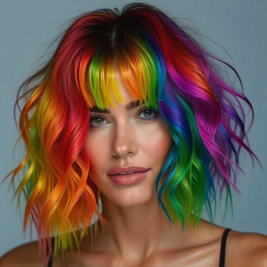 woman realstic raw 8k hair rainbow short portrait