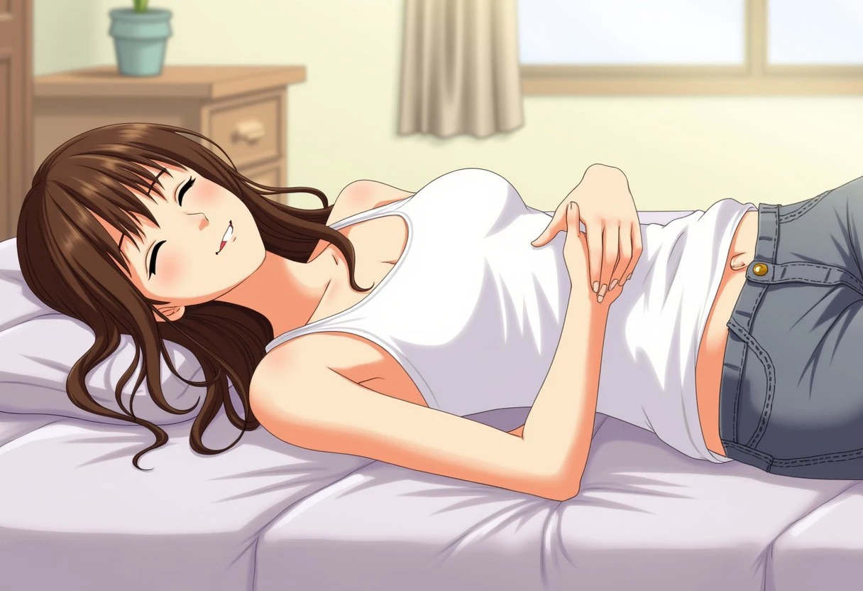 The image is an illustration of a young woman lying on a bed. She has long, straight brown hair that is styled in loose waves and falls over her shoulders. She is wearing a white tank top and is lying on her back with her arms resting on her stomach. Her eyes are closed and she has a peaceful expression on her face. The background is blurred, but it appears to be a bedroom with a window and a nightstand. The overall mood of the image is calm and serene.