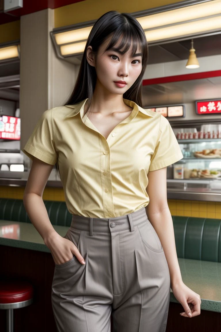 Asian woman, closeup, (shirt), pants, (50s diner), (), (), KM_kei, wide shoulders, perfect face, (contact iris: 1.1), pale skin, skin pores , depth of field