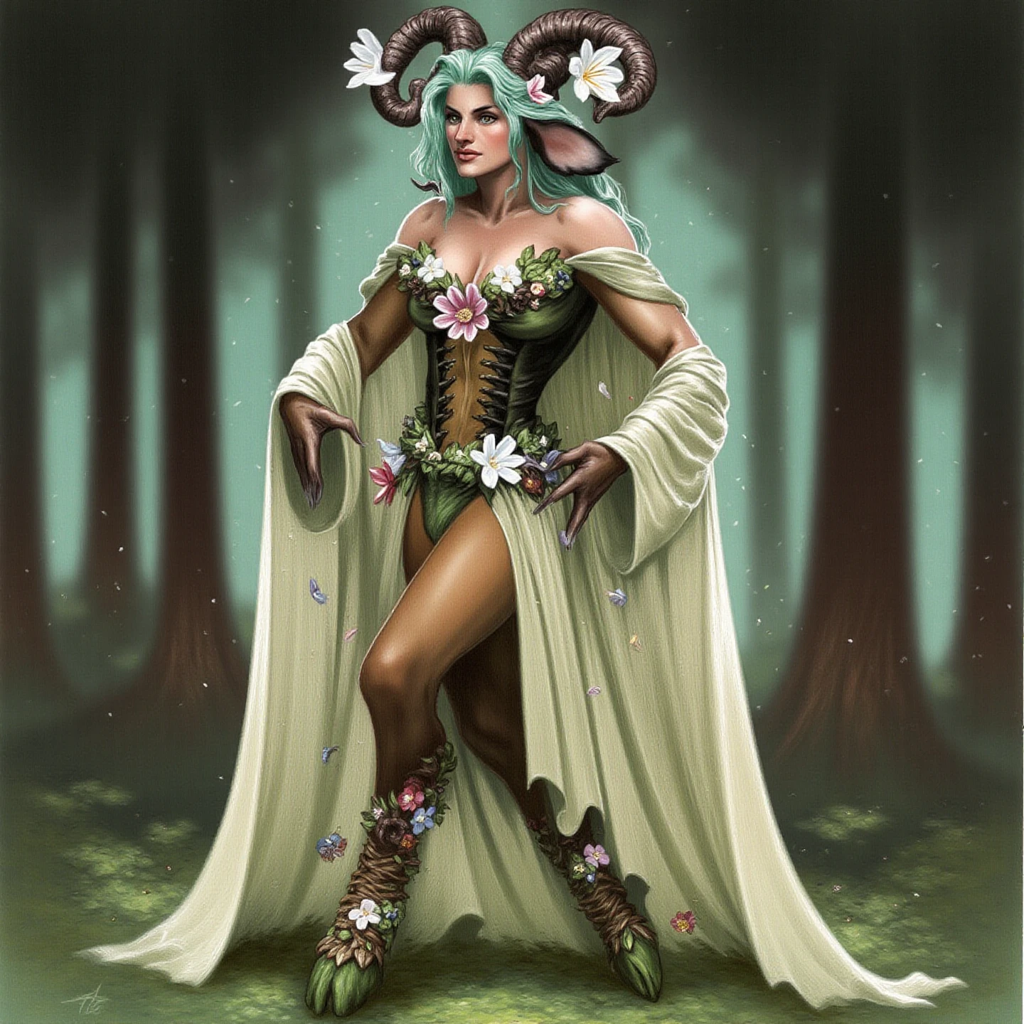 an illustration of fearne,  tall faun woman, standing over 6 feet high including her horns. She has large, expressive eyes and big furry ears. Her hair is sea-foam green and flows around her face. Her lower body is that of a deer, with hooves partially covered in moss. She wears flowing, ethereal clothing that drapes over her form. Scattered across her outfit and perhaps woven into her hair are poisonous flowers, particularly hemlock and oleander blooms.

In a Dark night forest