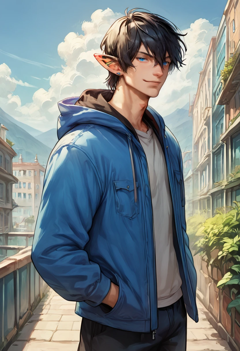 score_9,score_7_up,zPDXL2,sky,day, city, cloud BREAK
1boy,aym3ric,solo,elezen,pointy ears,hair between eyes,black hair,blue eyes,single earring,blue jacket,hand in pocket,facing away, smile, looking at viewer, stud  earring, hoodie, hood down
<lora:aymericv7:1>