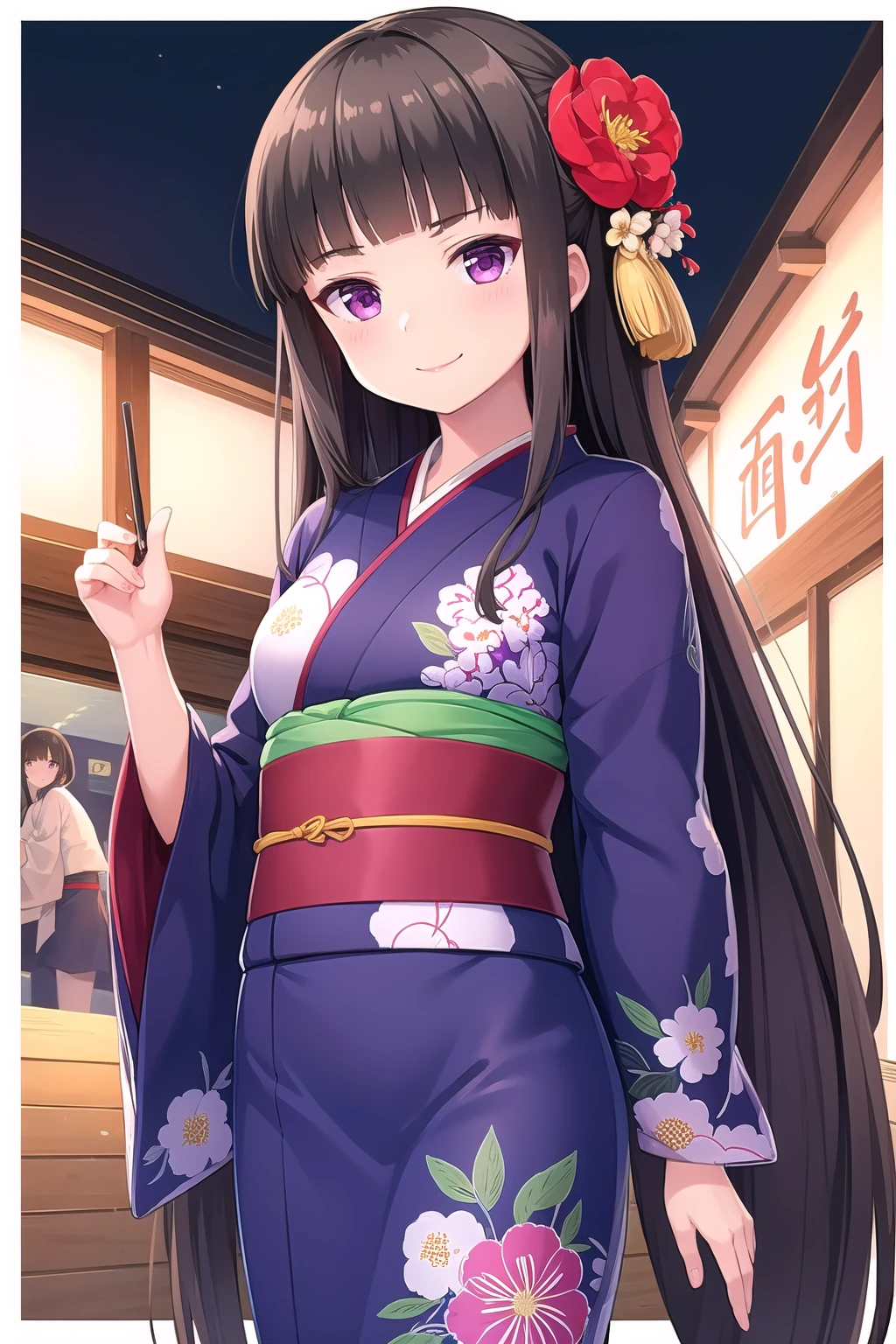 (masterpiece, best quality), highly detailed background, perfect lightingbest quality, shiranuiisuzu, solo, outdoors, night, summer summer festival, black hair, blunt bangs, flower hair ornament, very long hair, purple eyes, small breasts, purple kimono, floral print, wide sleeves, obi, sash, japanese clothes, smile, closed mouth, :), pink lips, <lora:Shiranui-Isuzu-2-05:0.7>