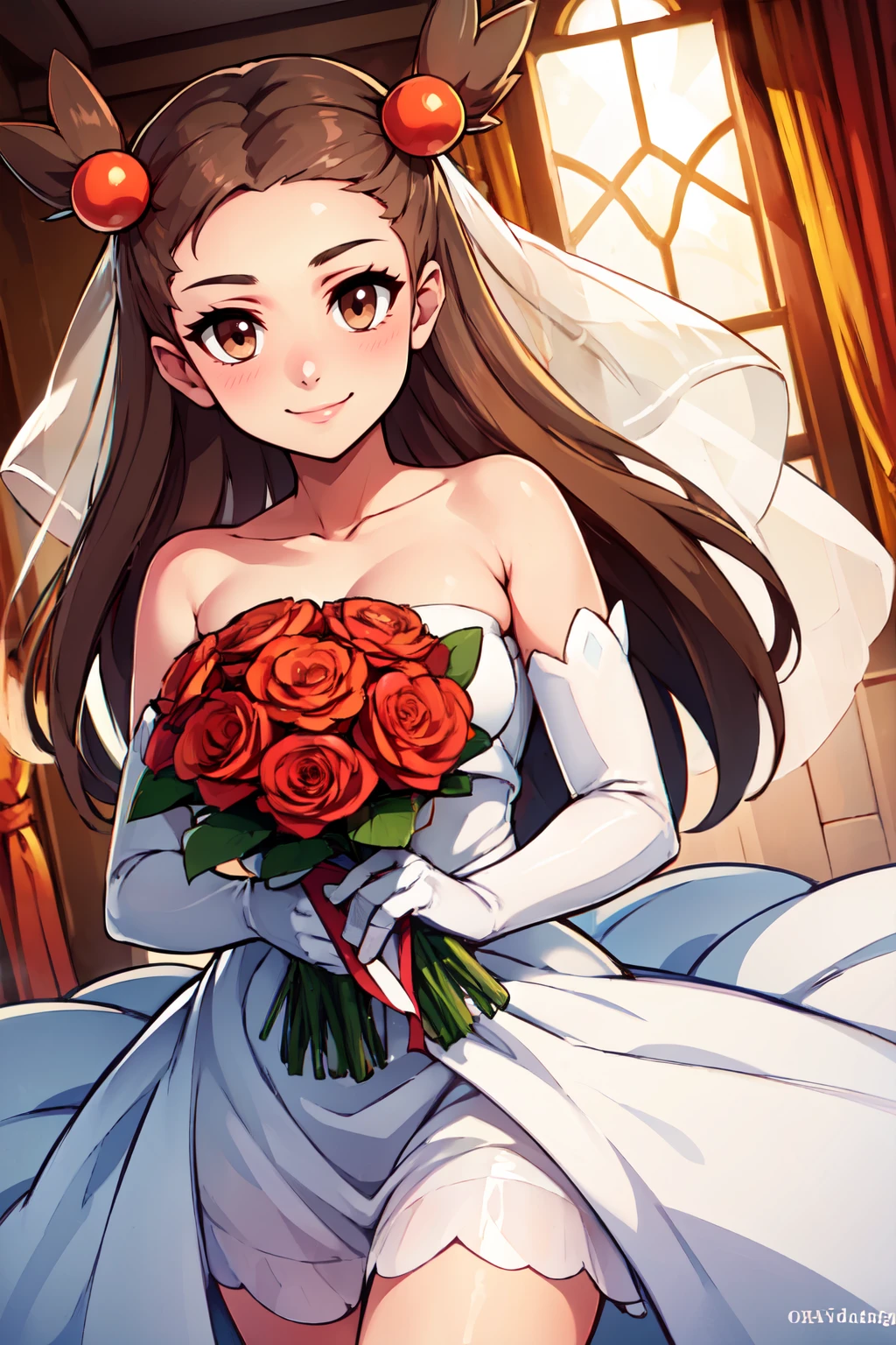 ((masterpiece,best quality)), absurdres,  BREAK,, <lora:Mikan_Pokemon_v2:0.8>, zzMikan, brown hair, long hair, two side up, hair ornament, brown eyes, bow, hair bobbles, , BREAK, bride, wedding dress, bridal veil, strapless dress, elbow gloves, holding bouquet,, BREAK, solo, smile, looking at viewer, cowboy shot,