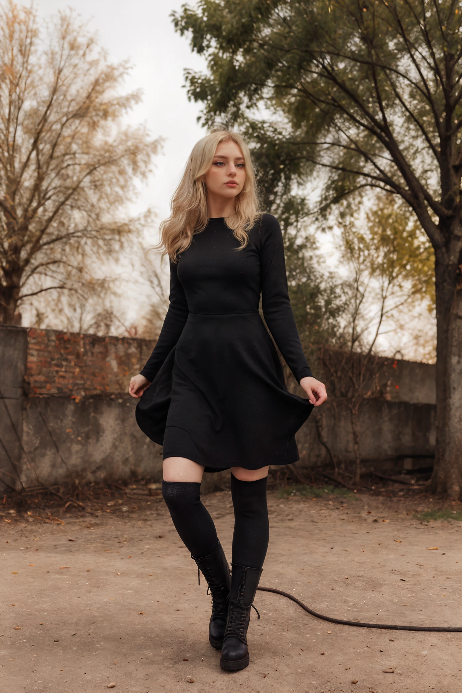 (cinematic light), [plain white background], 1girl, solo, (portrait, close-up), (medium hair, blonde hair), [exterior, urban, blurry background extremely detailed background], (standing, model posing),boots, socks, black footwear, black dress, looking to the side, kneehighs, <lora:Djerqv1-000008:0.95> djerqtanya