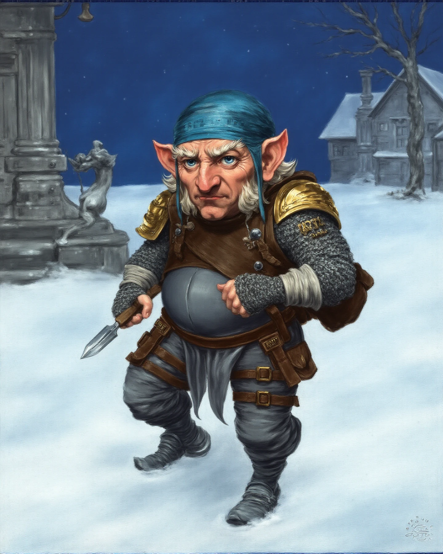 Chetney, digital illustration Digital illustration of a short old gnome character in a fantasy RPG style. He has a large nose, pointed ears, and white hair under a bandana and eyebrows. His piercing blue eyes have a mischievous look. He wears a blue bandana with 'RTA' written on it. His outfit consists of a dark leather vest over chainmail armor, with gold shoulder pads. He wears fingerless gloves and carries various weapons and tools on his belt. In one hand, he holds a dagger. 

he's walking in the snow field, during night