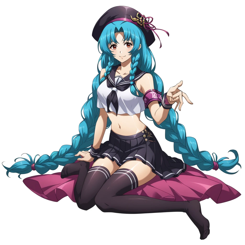 highres, absurdres,solo, 1girl, <lora:LangM_PDXL:1.0>, LangMStyle, white background, simple background, full body,miniskirt, armband, looking at viewer, crop top, serafuku, sitting, black hat, navel, midriff, blue hair, wrist cuffs, smile, twin braids, sleeveless shirt, bare shoulders, pleated skirt, black skirt, black thighhighs