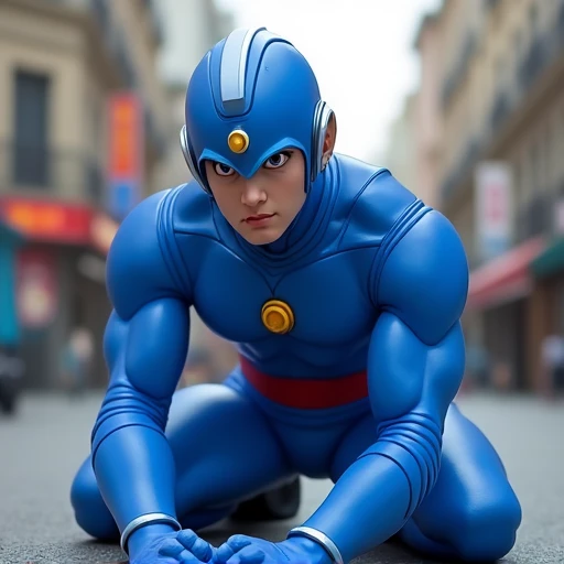 megaman, kneeling on a street, street level, blue robot, 3d++, smooth, high details, masterpiece, 4k, (handsome teen face), (realistic face:1.5), (high detailed face:1.5), (high detailed eyes:1.5), (serious), (focused)