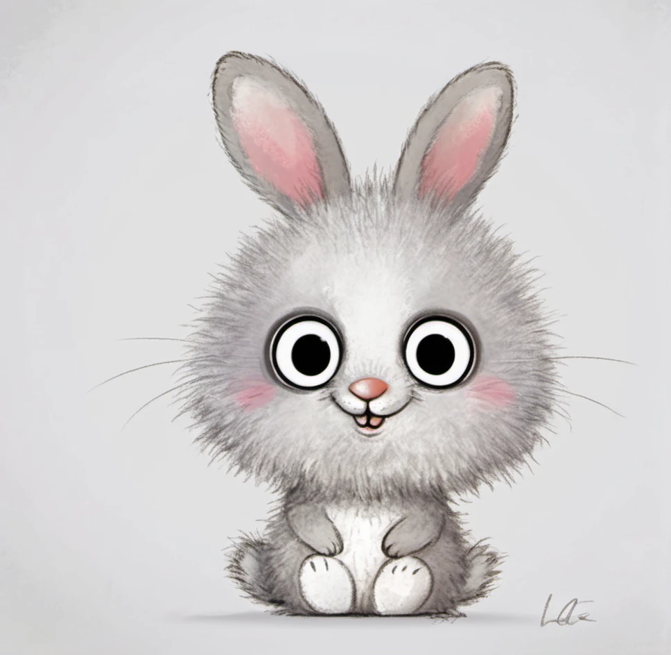 cute bunny, cartoon, big eyes, fluffy, gray fur, small animal, smiling, digital art, illustration, white background, whiskers, rosy nose, signed artwork, childrenâs book style, minimalistic, simplistic, adorable, fuzzy texture, hand-drawn, minimal shading, 2D art, neutral tones, friendly expression, playful, light strokes, adorable sketch <lora:æ½¦è-000012:0.8>,