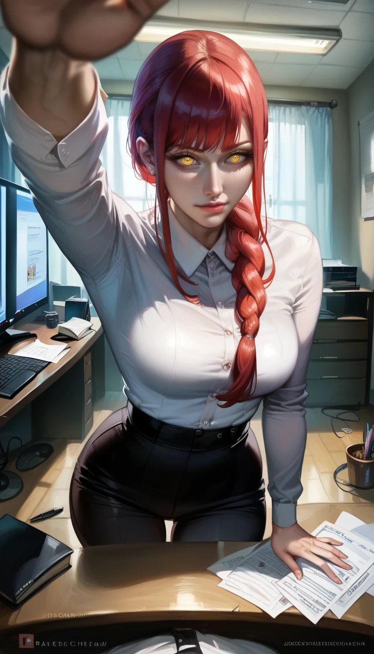 score_9, score_8_up, score_7_up, detailed background, realistic lighting, NSFW, background: office, ultrasharp, best quality,  ,night, 1 girl, detailed eyes,slim and fit, adult female, dynamic pose eye contact, fit body , thin hip, detailed background, thin hip, thight waist, white shirt, portrait, upper body,  closed mouth, 
, mkima, yellow eyes, ringed eyes, red hair,  office, dynamic pose, braided ponytail, 
 <lora:Makima Self trained:0.8>,  office,   
<lora:GrabbingViewerXL:1> kabedonpov, facegrabpov, headpatpov, arm up,
<lora:Expressive_H:0.8> Expressiveh
 <lora:Sakimichan_Style_till_24:0.8>, sakimichan