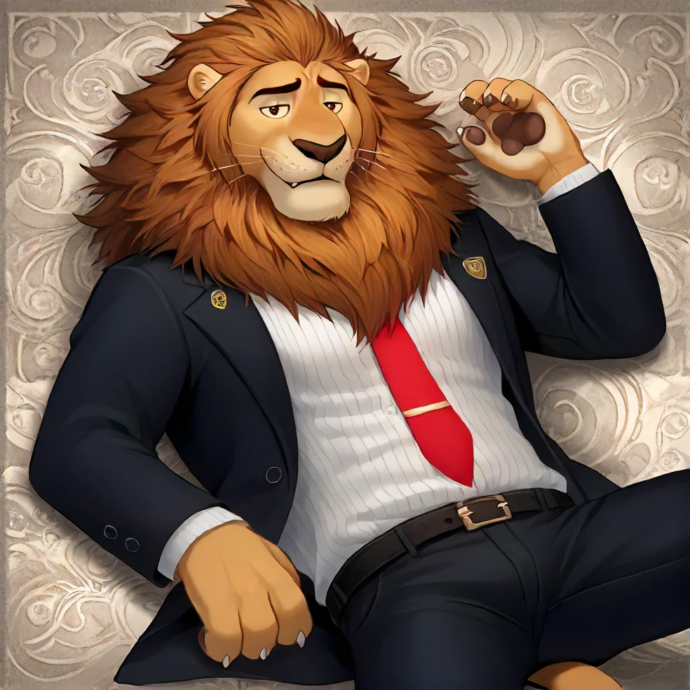 zPDXL3, score_9, score_8_up, score_7_up, source_furry, (detailed background), <lora:Leodore_Lionheart:0.9> leodore lionheart, 1boy, solo, lion boy, black suit, red necktie, black pants, open shirt, lying