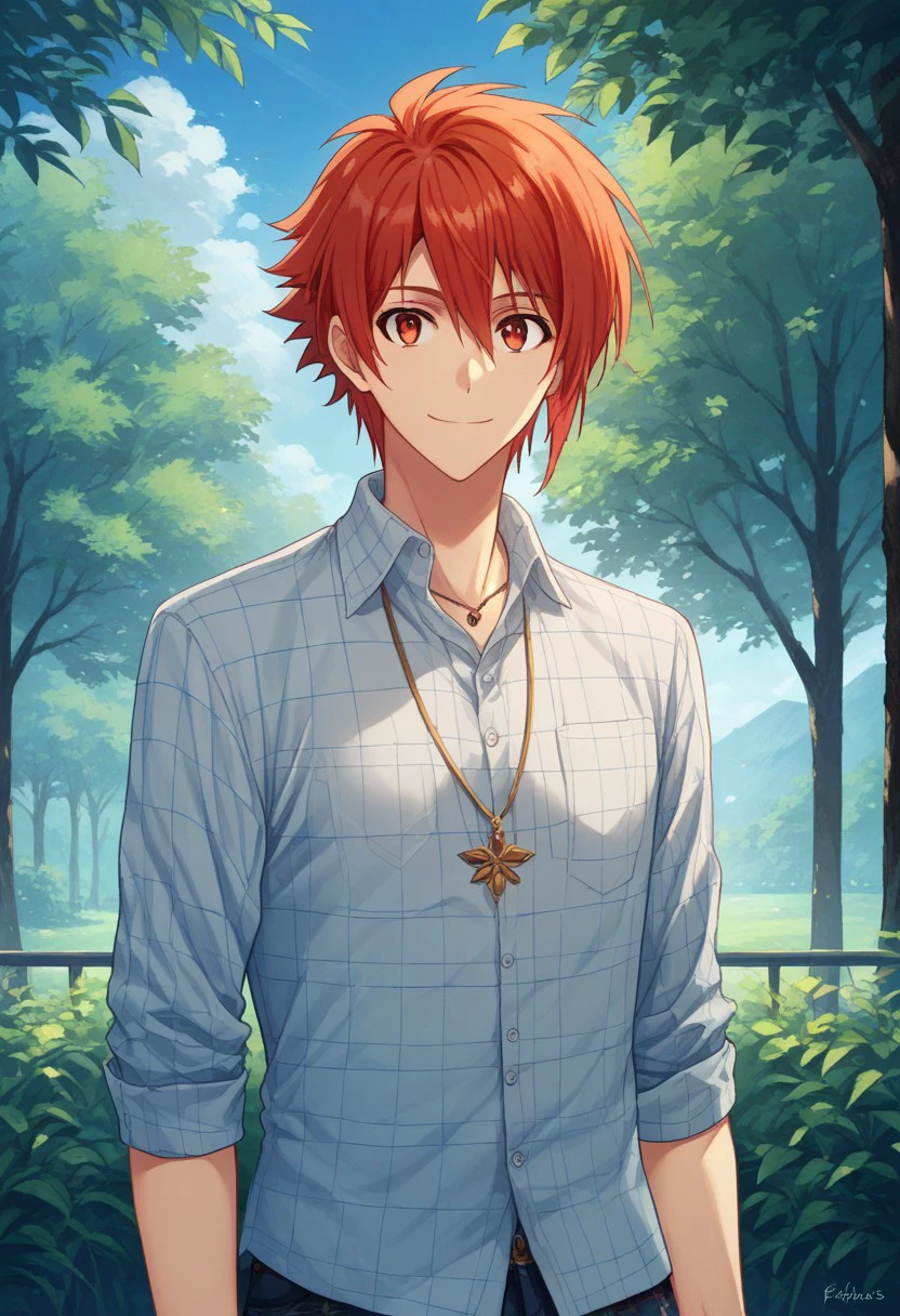 score_9, score_8_up, score_7_up, source_anime, highly detailed, 
rikunanase, 1boy, male focus, solo, red hair, smile, jewelry, red eyes, necklace, looking at viewer, shirt, pants, plaid, upper body,
outdoor, sky, tree