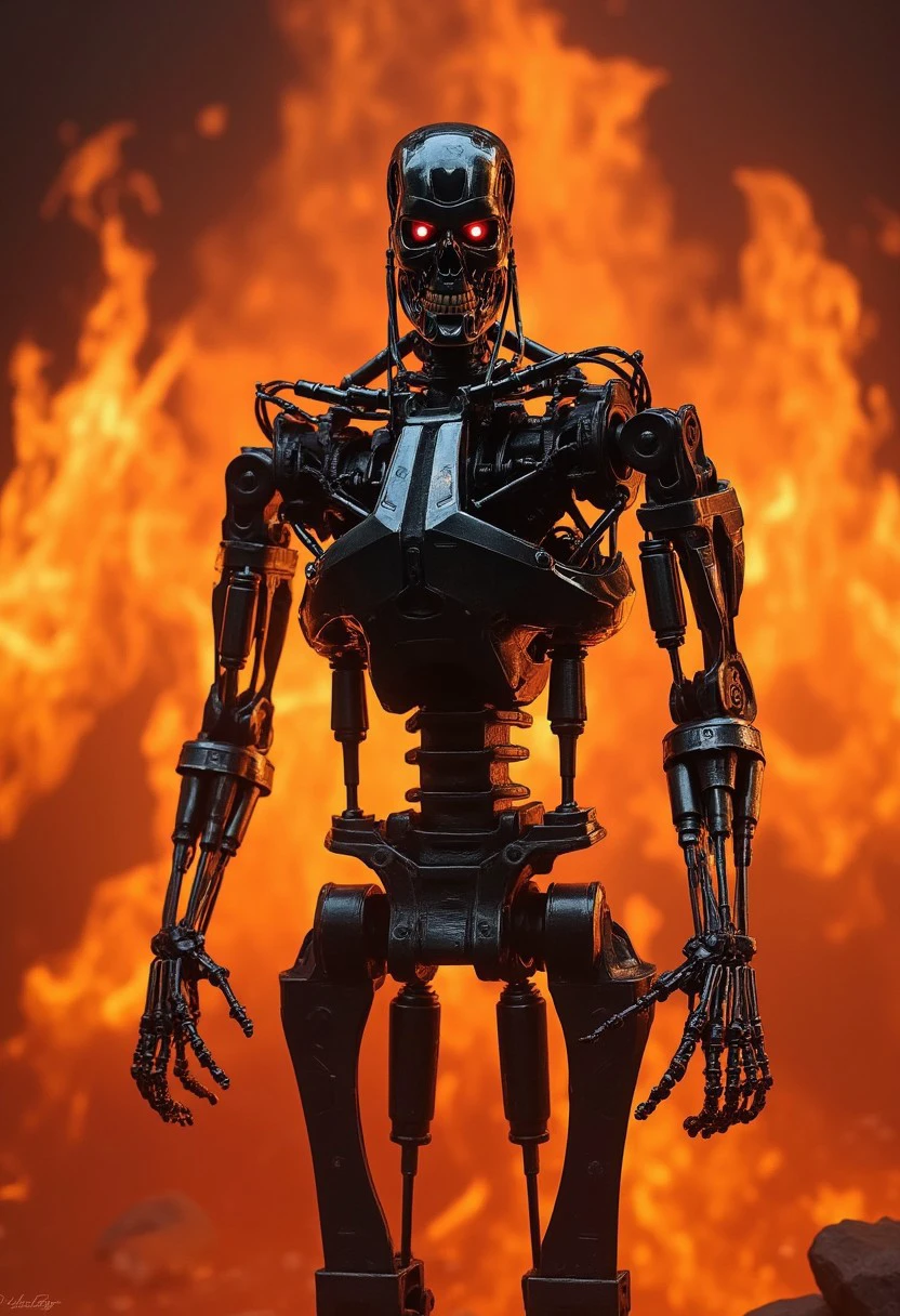 an upper body shot of a T800_Endo Terminator Robot with red eyes stands in a raging inferno of flames as he steps forth with menacing intent. He takes a fight stance ready to fight. Cinematic, photorealism, photorealistic