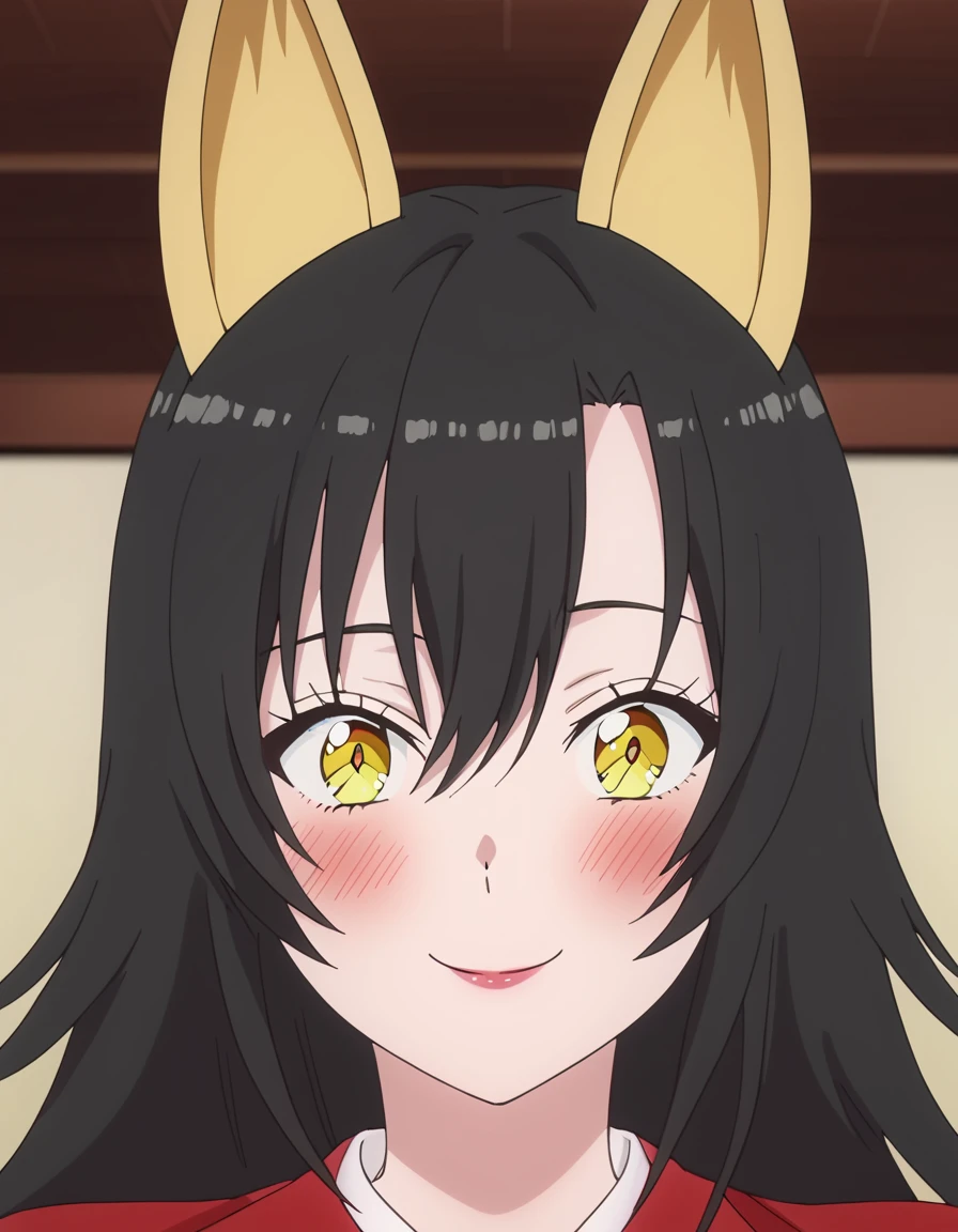 <lora:2.5JigennoRirisa:1>, soft smile, portrait,  Magino, long hair, blush, black hair, yellow eyes, fox ears,