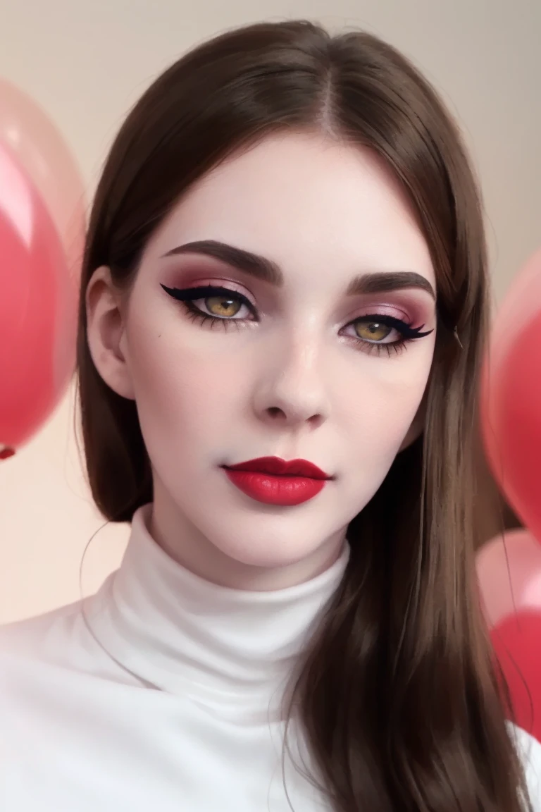 <lora:lioness-07:0.6>,, lioness, ((detailed eyes, detailed face):1.2), ((red lipstick, eye shadow, eyeliner, blush, pale skin)), ((fully clothed, modest)) , photo of a woman, ,fashion portrait photo of a woman from the 60s wearing a red turtleneck standing in the middle of a ton of balloons, taken on a hasselblad medium format camera,