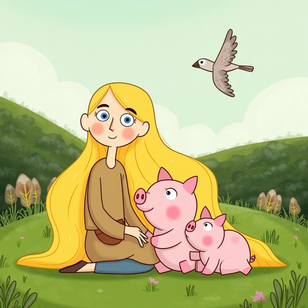 In style of Cartoon Saloon. A girl with blue eyes  and very long blonde hair is sitting and playing with two pigs, mother and child, who are depicted against whimsical magical irish landscape. There is a curious bird flying above.