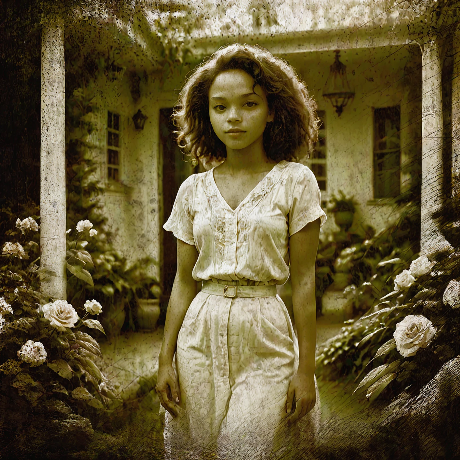 An old sepia photo of a beautiful young mixed race woman. She stands on the porch of an old house, beside a garden.

<lora:PhotoAgedSepia01-00_CE_SDXL_128OT:0.9> AgedSepiaCE

