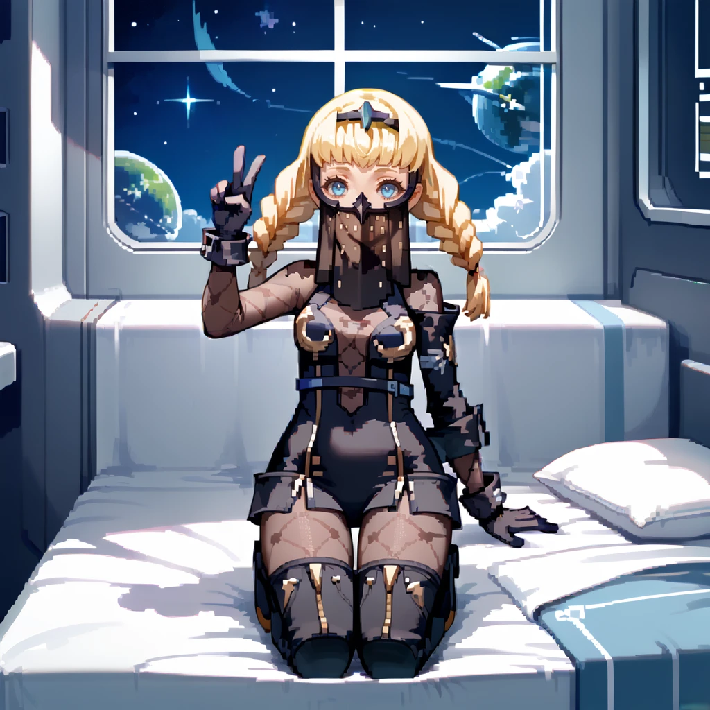 1girl,solo,<lora:ops:1>,"operator 6o,blonde hair,twin braids,long hair,blue eyes",black hairband,mouth veil,covered mouth,black dress,bodystocking,see-through,asymmetrical sleeves,black gloves,high heel boots,
indoors,science fiction,spacecraft interior,bedroom,bed,window,space,starry sky,
full body,kneeling,on bed,hand up,v,looking at viewer,hand on own hip,, score_9, score_8_up, score_7_up,masterpiece, best quality, very aesthetic, absurdres,