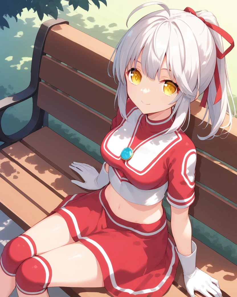 <lora:ultragirl_jack_v1.2>,ultrajack,white hair,ponytail,hair ribbon,yellow eyes,ahoge,medium breasts,
midriff,red skirt,blue chest jewel,white gloves,red knee pads,crop top,
1girl,solo,
looking at viewer,sitting,looking up,
park bench,
light smile,
BREAK, score_9,score_8_up,score_7_up,source_anime,best quality,masterpiece,uncensored,detailed eyes,<lora:add-detail-xl:0.7>