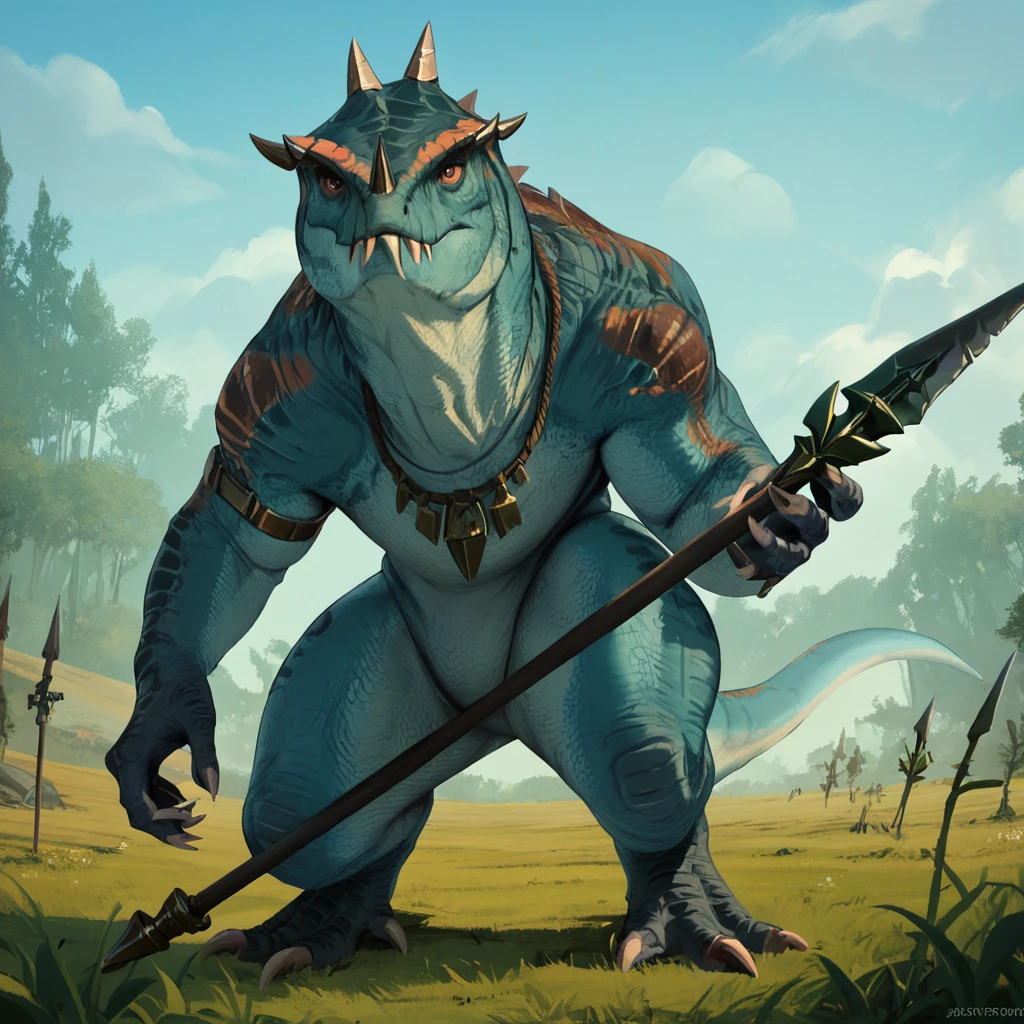 score_9, score_8_up, score_7_up, score_6_up, highres,
SaurusWarrior, dinosaur, looking at viewer, holding polearm, spear,
 <lora:Saurus_Warrior_PonyXL:0.8>