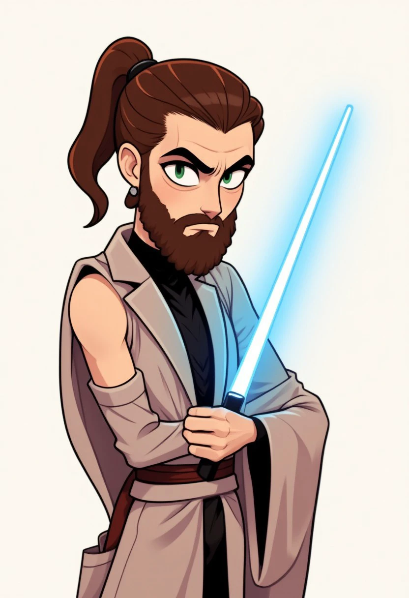 (hhstyle:1.2), cartoon, a jedi with a brown beard and sleeveless robe, holding a single blue lightsaber, drawn in hhstyle.