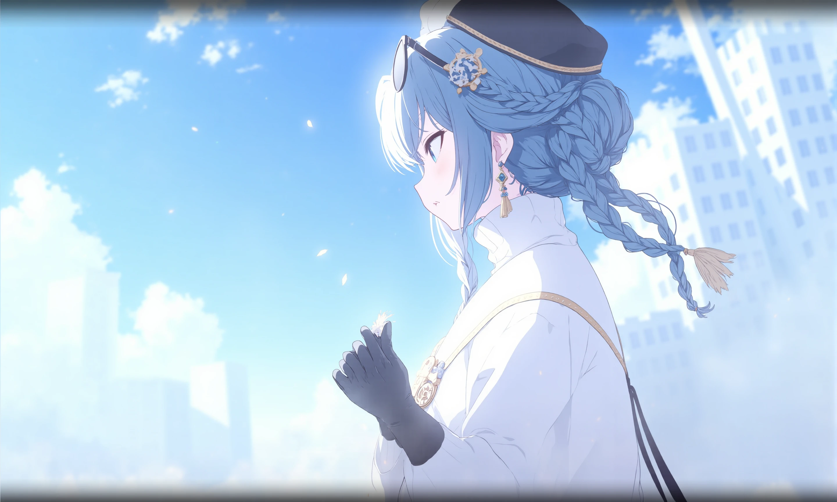 1girl,
floating hair, braided bun, petals, upper body, hairclip, braid, multicolored hair, white sweater, animal, blue eyes, turtleneck sweater, bird, turtleneck, sunglasses, sky, twin braids, black headwear, cape, from side, letterboxed, hat ornament, outdoors, long sleeves, sweater, black gloves, tassel earrings, eyewear on head, falling petals, tassel, animalization, profile, short hair, closed mouth, white cape, blue hair, gear eyes, earrings, hair ornament, streaked hair, blue sky, hair bun, jewelry, beret, gloves
<lora:BastylrV2:1>