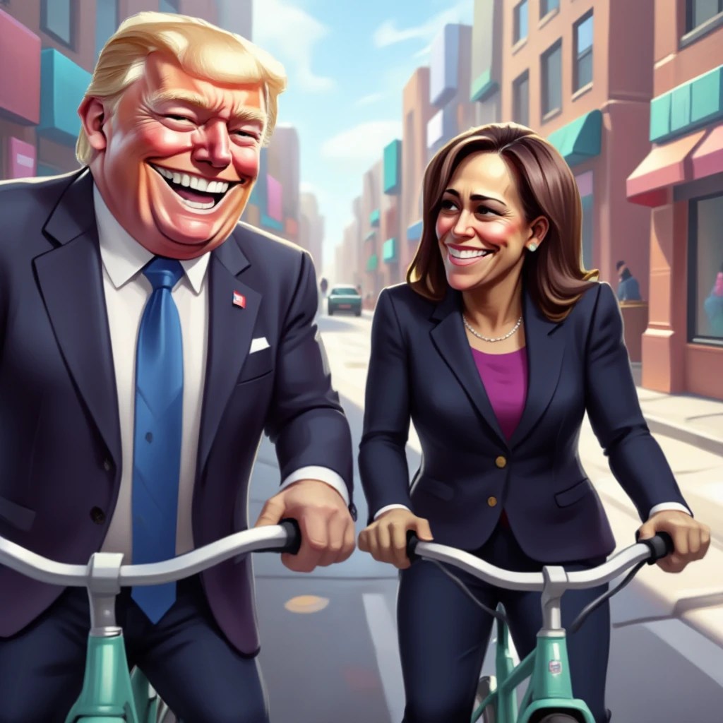 The image is in the style of a FluxCartoonDigitalStyle. Donald Trump and Kamala Harris in suit, laughing on a bicycle, in a city street