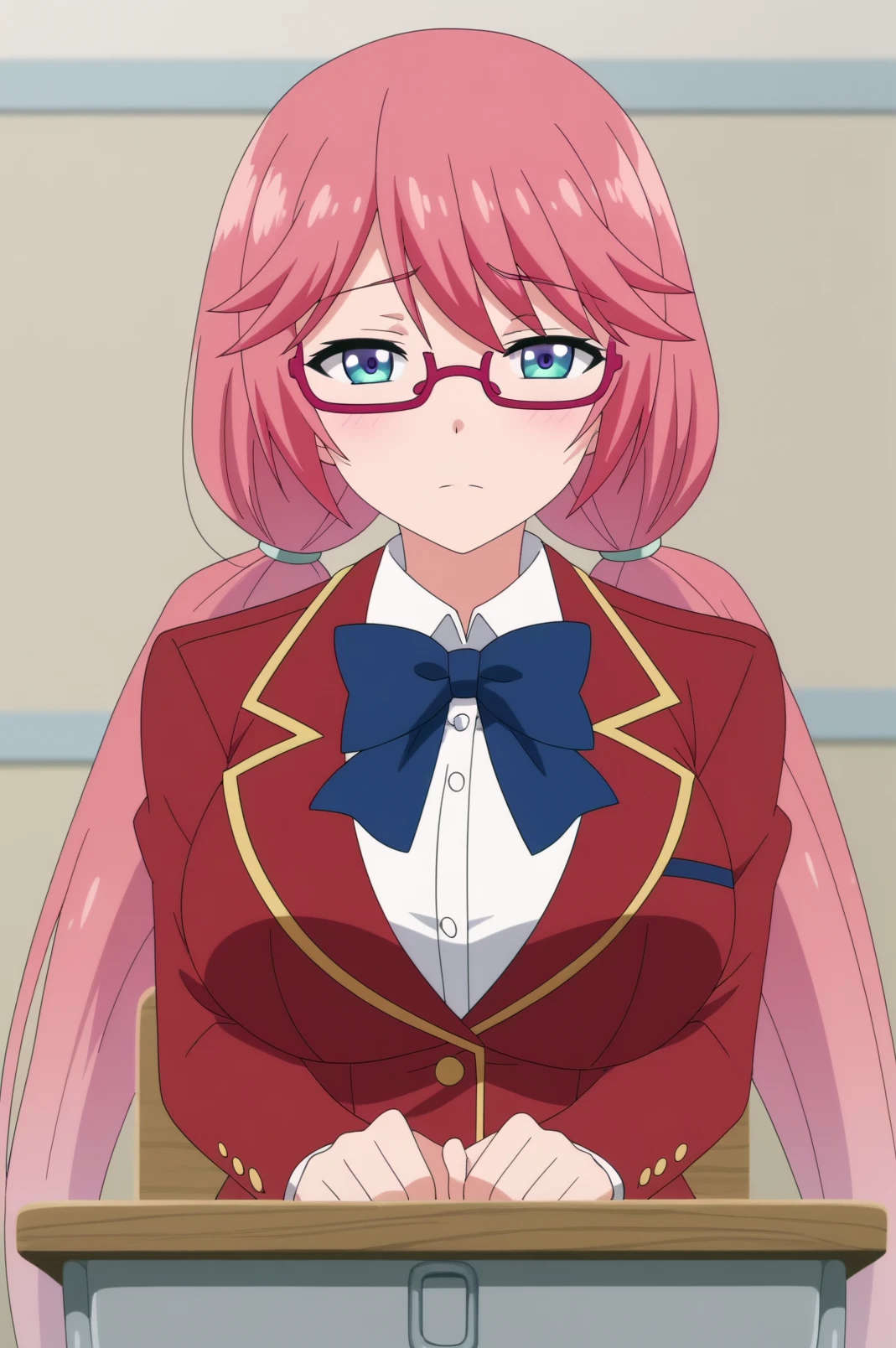 Airi Sakura,anime screencap,1girl,solo,mature,glasses,twintails,school uniform,glasses,long hair,bow,low twintails,breasts,shirt,jacket,looking at viewer,bangs,sitting,desk,classroom,consistent background <lora:Airi Sakura - PDXL2.safetensors:0.8>