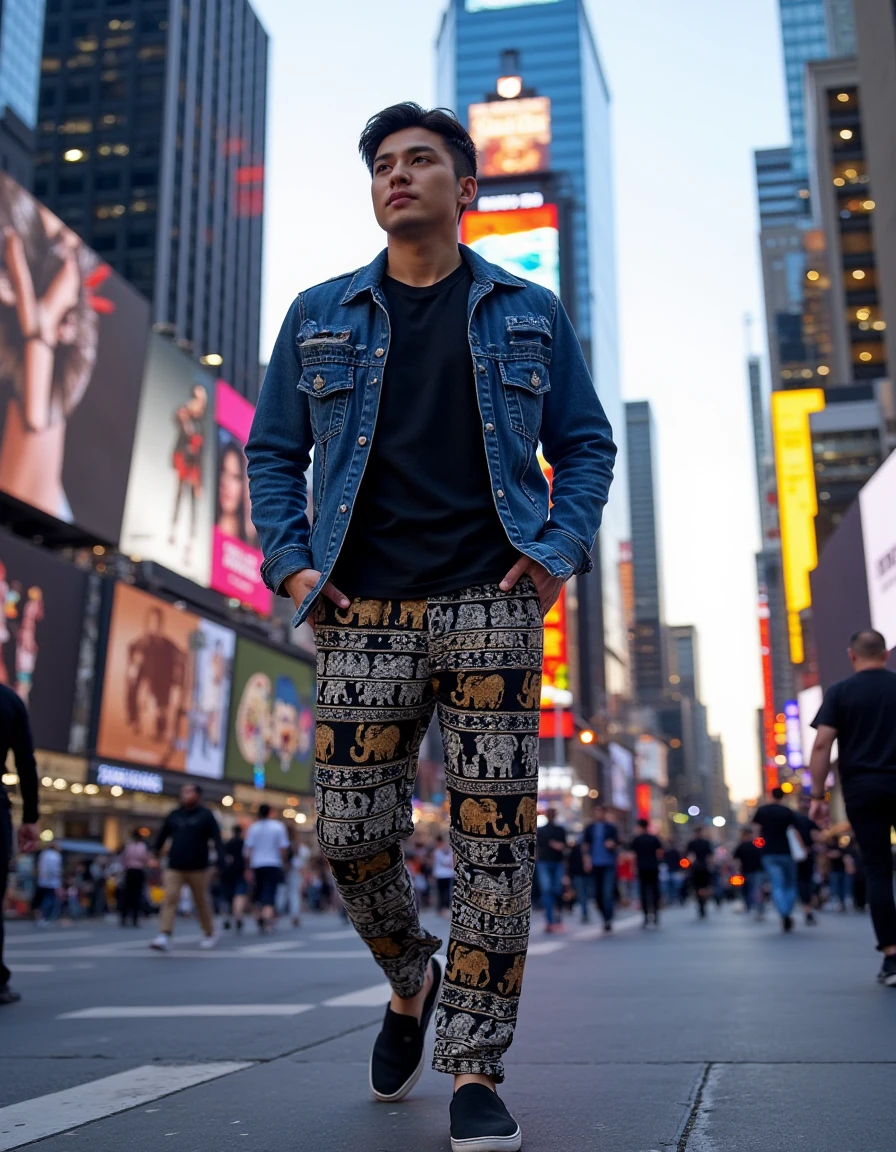 Changpant, elephant-patterned pants, worn with a denim jacket, plain black t-shirt, and casual slip-on shoes, taking a casual stroll in Times Square. The camera captures a low-angle shot with the bustling energy of the city and bright lights illuminating the scene. <lora:Thai_Elephant-patterned_pantsFlux:1> changpant, elephant patterned pants