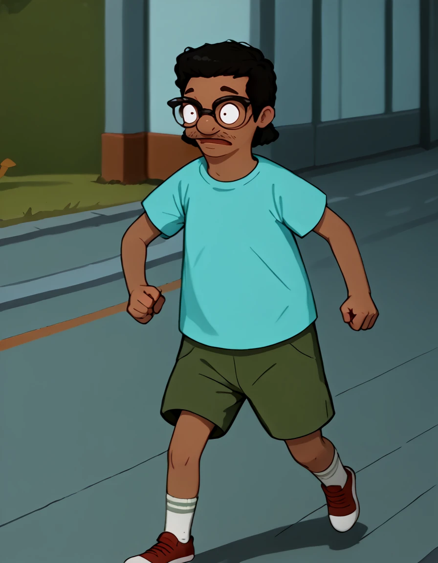 <lora:Future_Darryl:1> 1boy, dark-skinned male, black hair, glasses, browline glasses, facial hair, mustache, teal shirt, green shorts, socks, red sneakers, running, scared, looking to the side, source_cartoon, score_9, score_8_up, score_7_up,