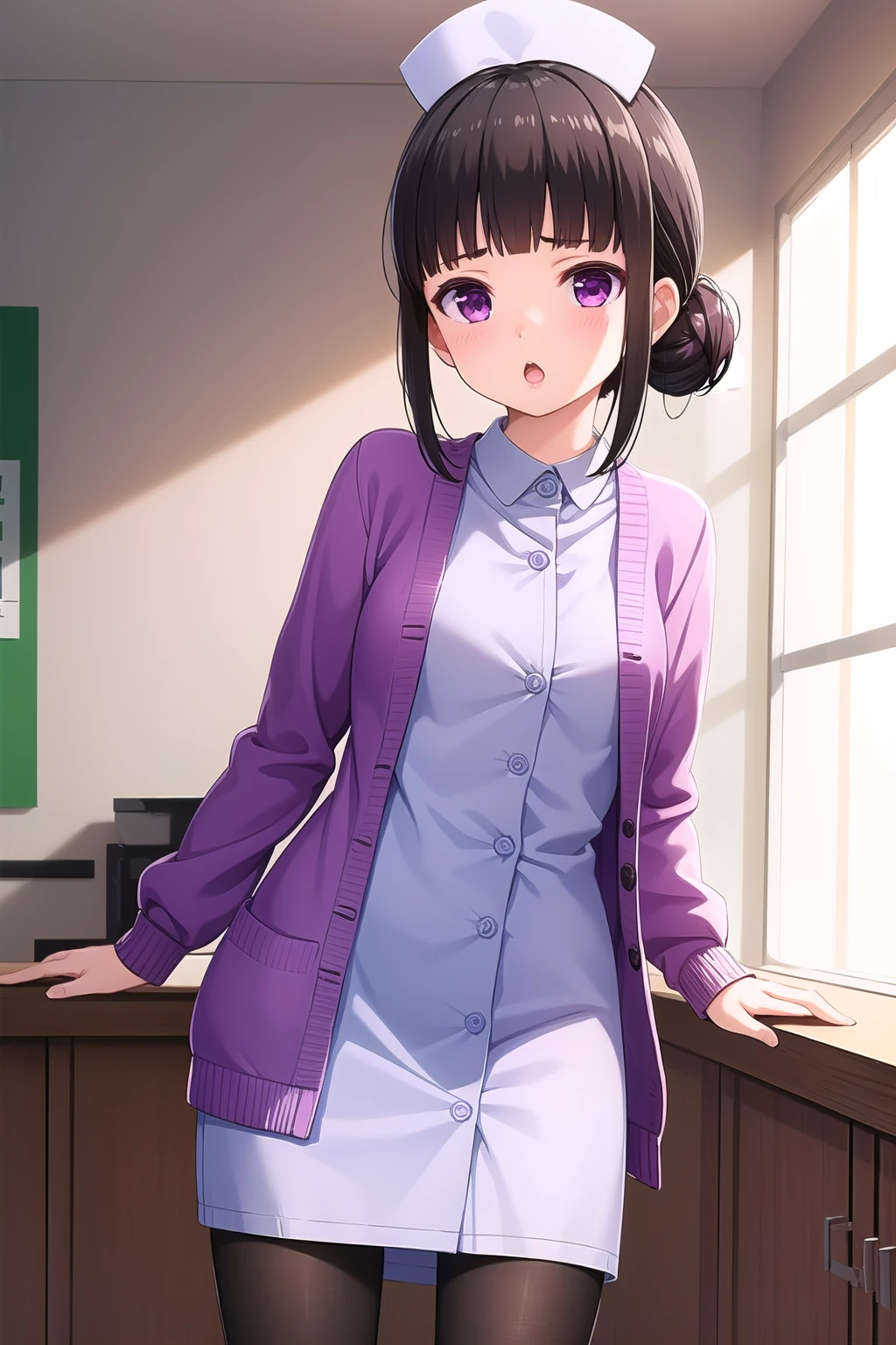 (masterpiece, best quality), highly detailed background, perfect lightingbest quality, shiranuiisuzu, solo, indoors, hospital, nurse, nurse cap, black hair, hair bun, blunt bangs, short hair, purple eyes, small breasts, purple cardigan, open cardigan, white dress, brown pantyhose, open mouth, :o, pink lips, <lora:Shiranui-Isuzu-2-05:0.7>