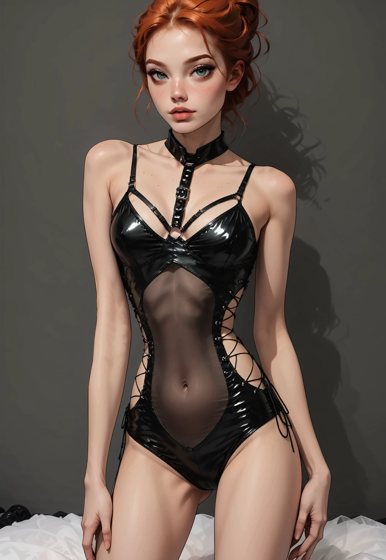 safe_pos, safe_pos, ultra detailed,  1girl, gorgeous girl, cute girl, green eyes,(ginger hair), updo hairstyle,horny, boobs, dramatic lighting, sinozick style, g4n1m3, flat color, Standing, L1ngerie_leo02, looking seductive, posing, looking lustful, full body, thighighs, 