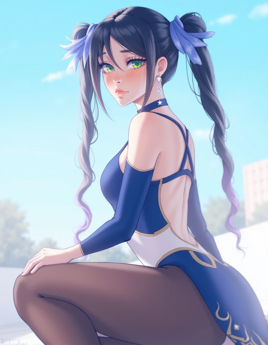 <lora:v12_PaulinaKlime_r16_000003250:1> art by PaulinaKlime, mona (genshin impact), 1girl, solo, long hair, looking at viewer, blush, black hair, hair ornament, ribbon, jewelry, bare shoulders, sitting, twintails, green eyes, hair ribbon, ass, pantyhose, outdoors, earrings, sky, choker, day, artist name, looking back, from behind, star (symbol), blurry, leotard, blue sky, blurry background, highleg, back, building, highleg leotard, patreon username, gold trim, brown pantyhose, ass focus, blue leotard, bodystocking, star earringsâââ