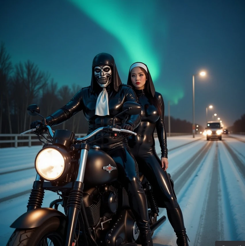 2fullbodyimage, ((a woman in a glossy latex black nun suit)) with ((a man wearing a mask with heavy metal leather outfit)), ((both of them riding the same matte Harley-Davidson on a city highway at night)), snow falling and aurora borialis on the sky, hyper-realistic gothic style, absurdres, high res, ultrasharp, 8K, masterpiece, ultra realistic, cinematic volumetric lighting(Masterpiece: 1.4), (Best quality: 1.4), cinematic volumetric lighting, wide shot with Sony Fx6