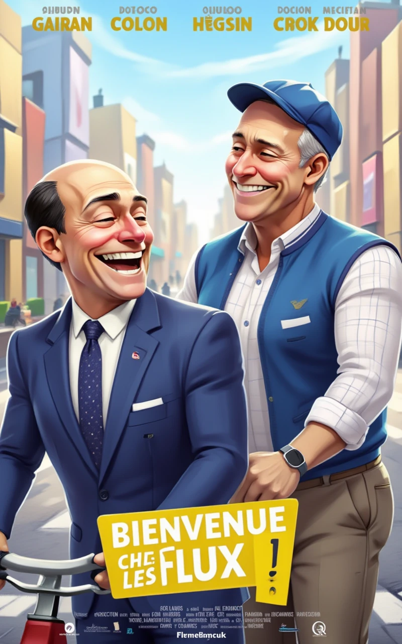 FluxCartoonDigitalStyle, This is a movie poster for the film "Bienvenue chez les Flux." The image features two men, both middle-aged, standing in front of a bicycle. The man on the left has a bald head with black hair and is wearing a blue suit with a white shirt and a polka-dotted tie. He appears to be laughing heartily, with his mouth wide open. The man on the right has short hair and is wearing a blue cap, a blue vest over a white and checkered shirt, and a watch on his left wrist. He is also smiling broadly. 

The background shows a bustling city street scene with buildings in the distance, suggesting a European setting. The title of the movie is prominently displayed in the center in large yellow and white text. The names of the actors and director are listed at the top and bottom of the poster in smaller text. The overall style of the poster is bright and colorful, with a playful and lighthearted tone. The image captures the essence of the film's comedic and heartwarming theme.