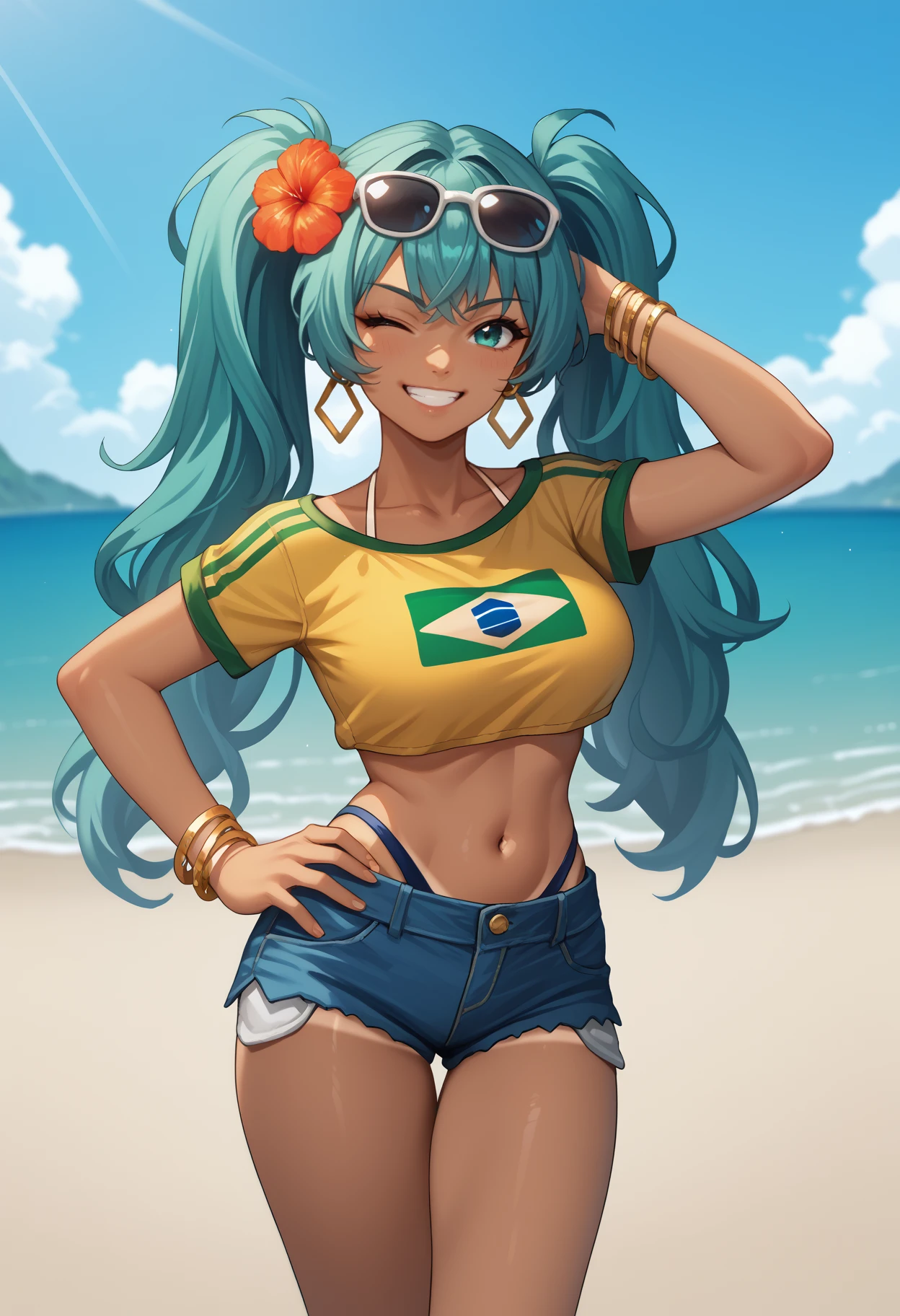 score_9, score_8_up, score_7_up, source_anime, solo, 1girl, brazilianmiku, dark-skinned female, tanlines, grin, looking at you, standing, hand on own hip, arm behind head, twintails, hair flower, sunglasses, eyewear on head, aqua eyes, one eye closed, yellow shirt, cropped shirt, short sleeves, swimsuit, blue shorts, denim shorts, short shorts, hoop earrings, bracelet, collarbone, midriff, large breasts, outdoors, beach
<segment:yolo-face_yolov8m.pt,0.4,0.5//cid=1>